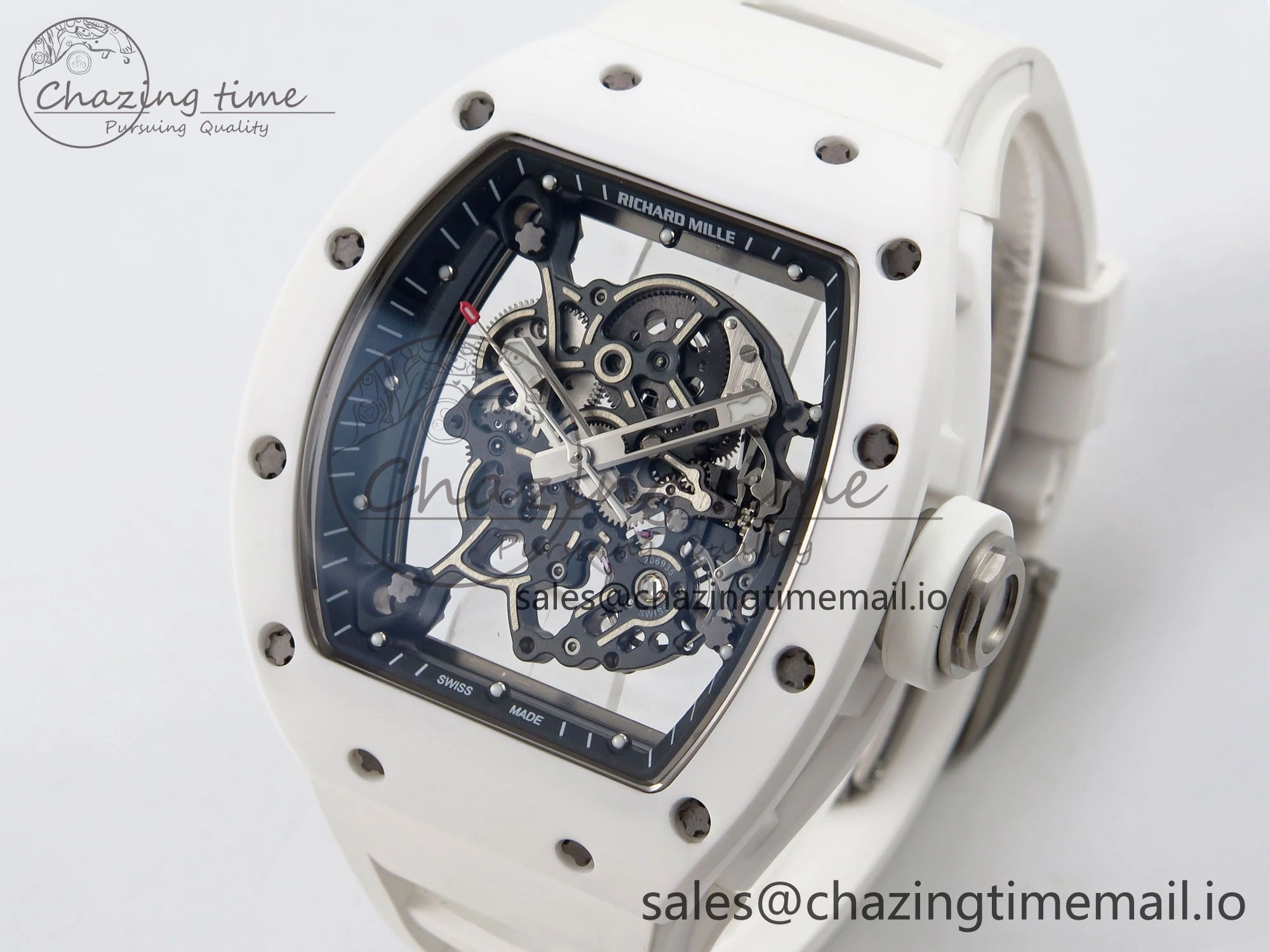 RM055 White Ceramic T+F 1:1 Best Edition Black Skeleton Dial on White Rubber Strap RMUL2 Super Clone MultiPurpose 9240