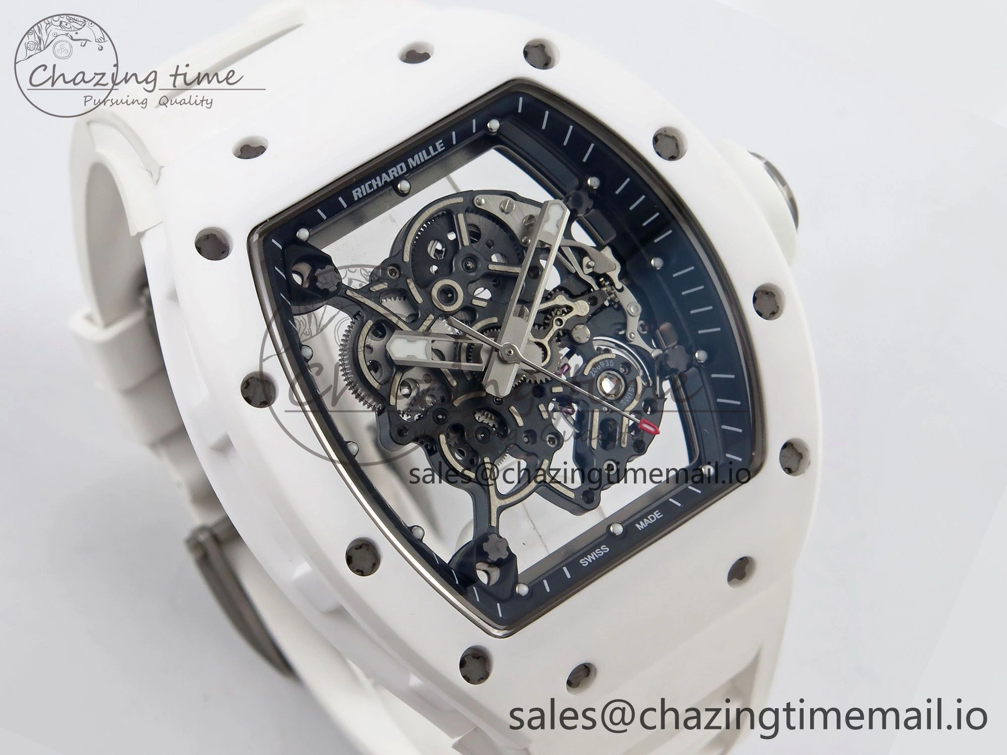 RM055 White Ceramic T+F 1:1 Best Edition Black Skeleton Dial on White Rubber Strap RMUL2 Super Clone MultiPurpose 9240