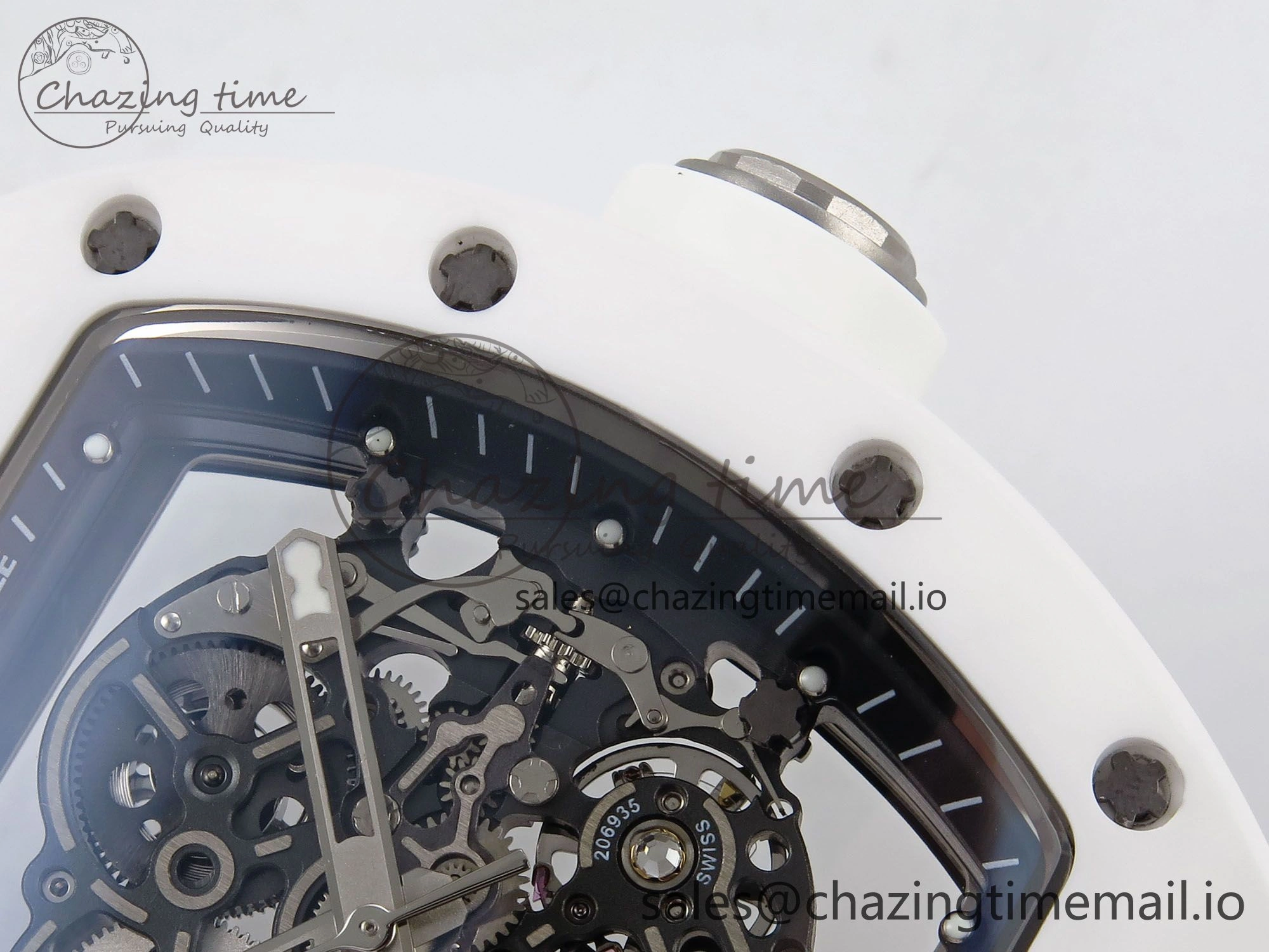 RM055 White Ceramic T+F 1:1 Best Edition Black Skeleton Dial on White Rubber Strap RMUL2 Super Clone MultiPurpose 9240