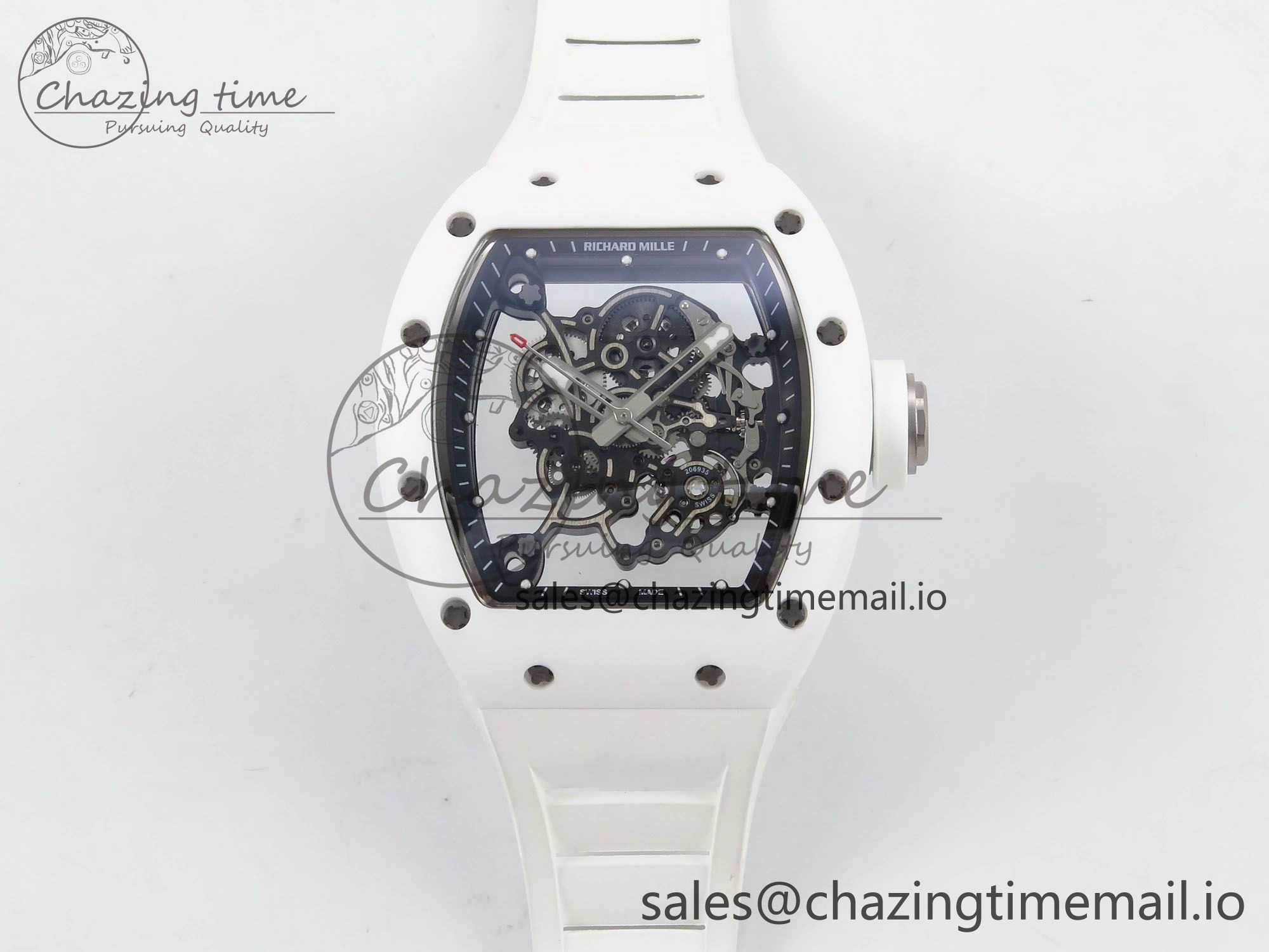 RM055 White Ceramic T+F 1:1 Best Edition Black Skeleton Dial on White Rubber Strap RMUL2 Super Clone MultiPurpose 9240