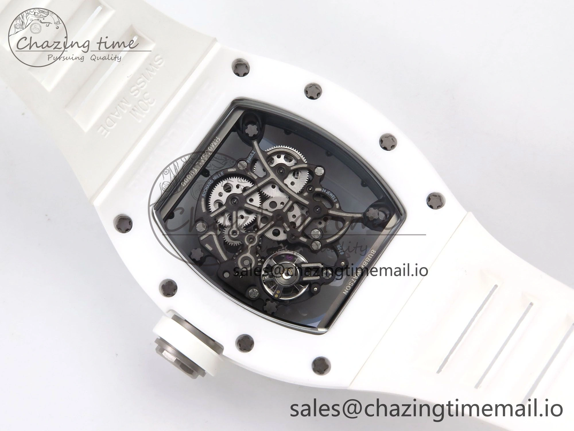 RM055 White Ceramic T+F 1:1 Best Edition Black Skeleton Dial on White Rubber Strap RMUL2 Super Clone MultiPurpose 9240