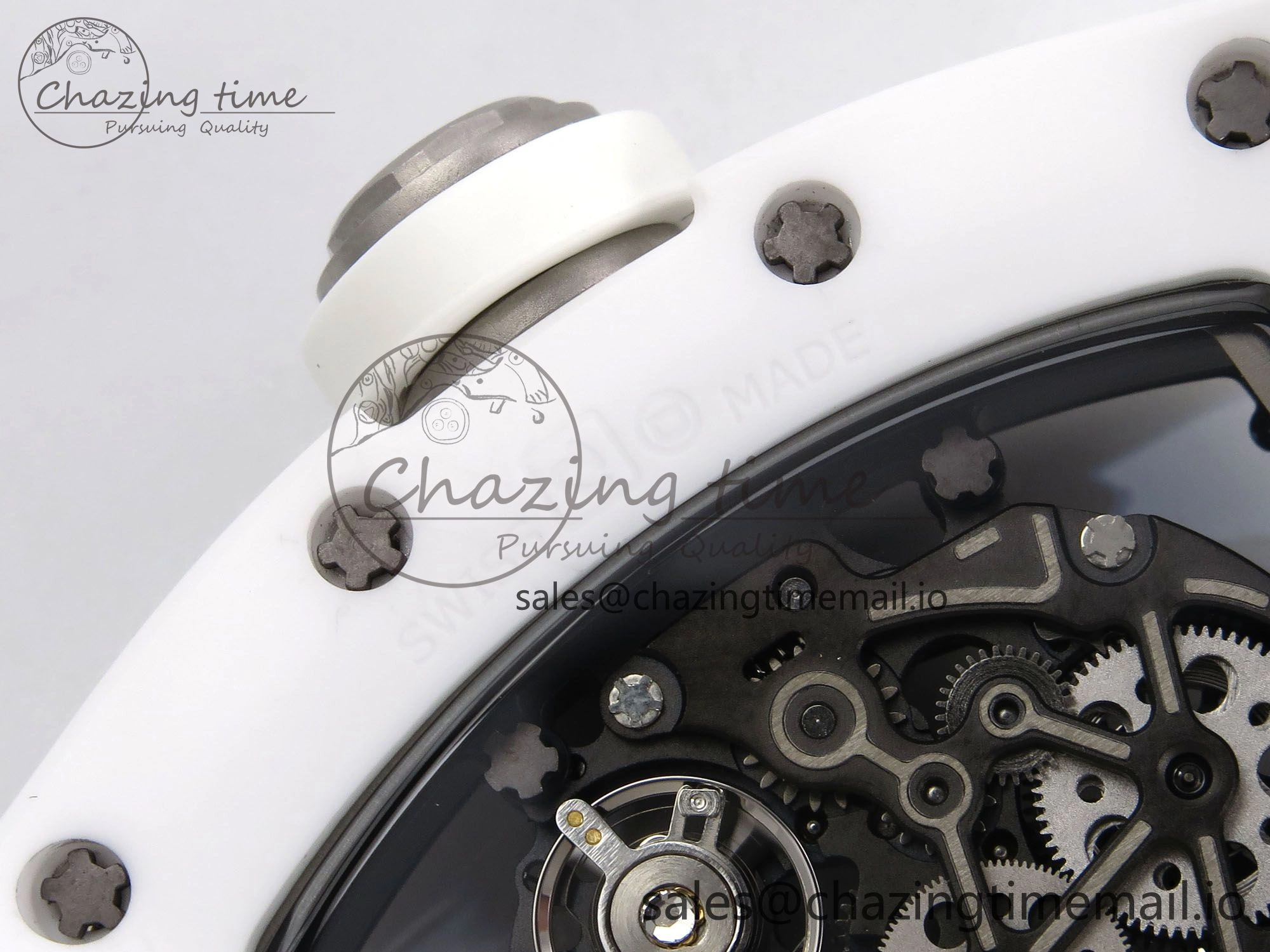 RM055 White Ceramic T+F 1:1 Best Edition Black Skeleton Dial on White Rubber Strap RMUL2 Super Clone MultiPurpose 9240