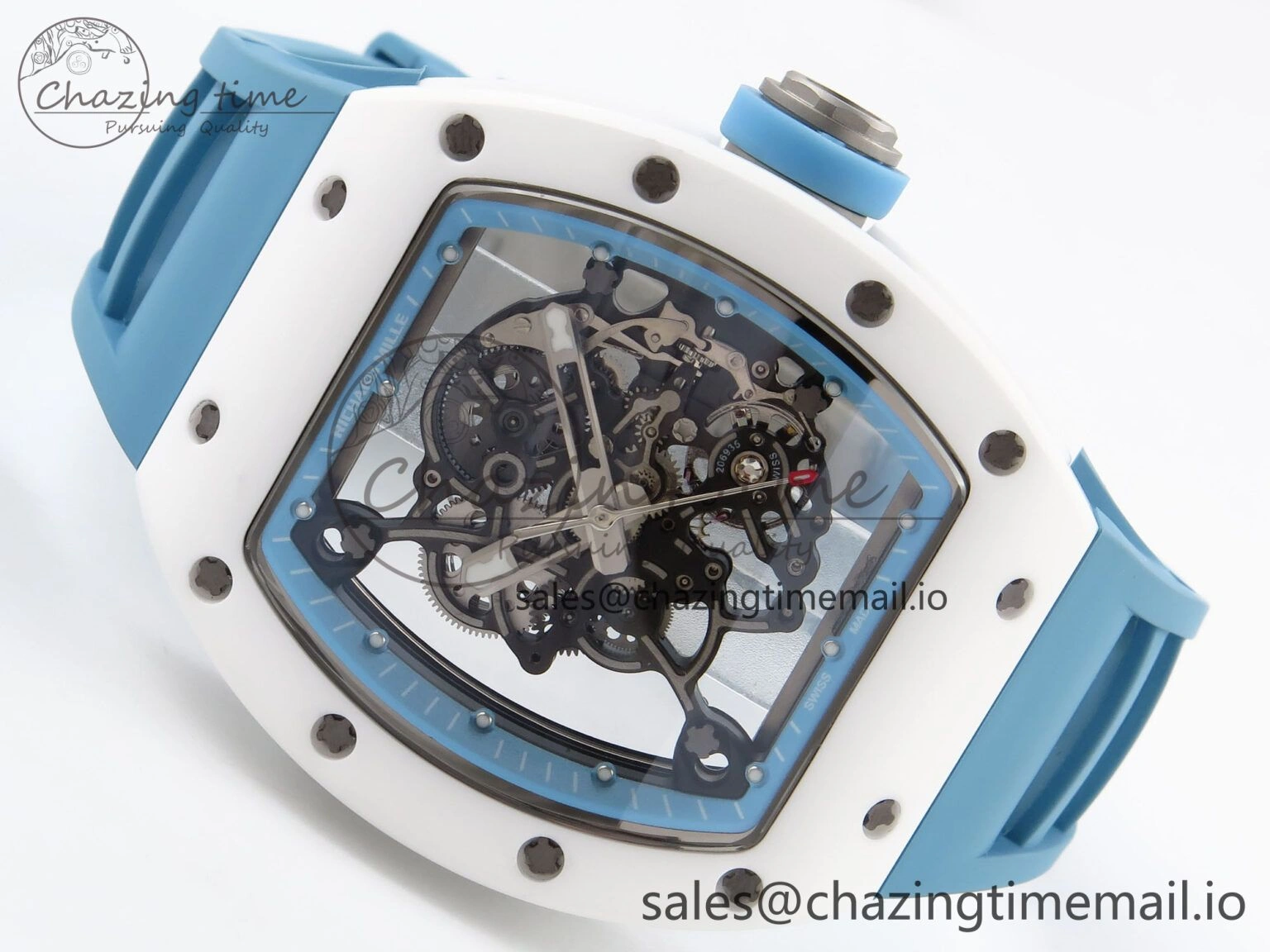 Upgraded RM055 White Ceramic T+F 1:1 Best Edition Blue Skeleton Dial on Blue Rubber Strap RMUL2 Super Clone 9243