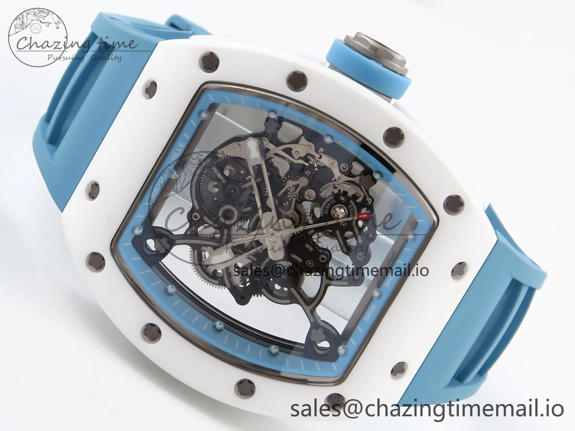 Upgraded RM055 White Ceramic T+F 1:1 Best Edition Blue Skeleton Dial on Blue Rubber Strap RMUL2 Super Clone 9243