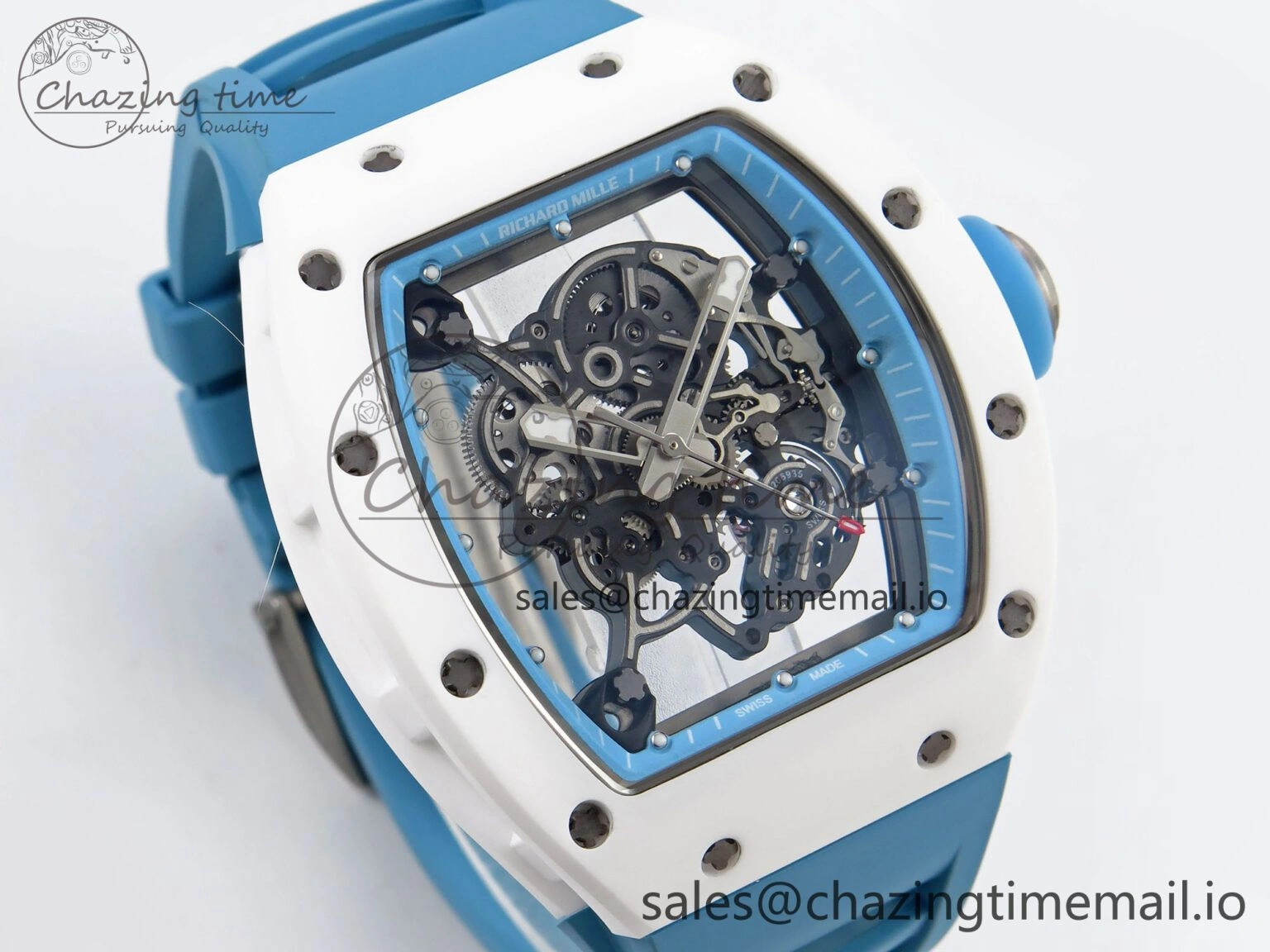 Upgraded RM055 White Ceramic T+F 1:1 Best Edition Blue Skeleton Dial on Blue Rubber Strap RMUL2 Super Clone 9243