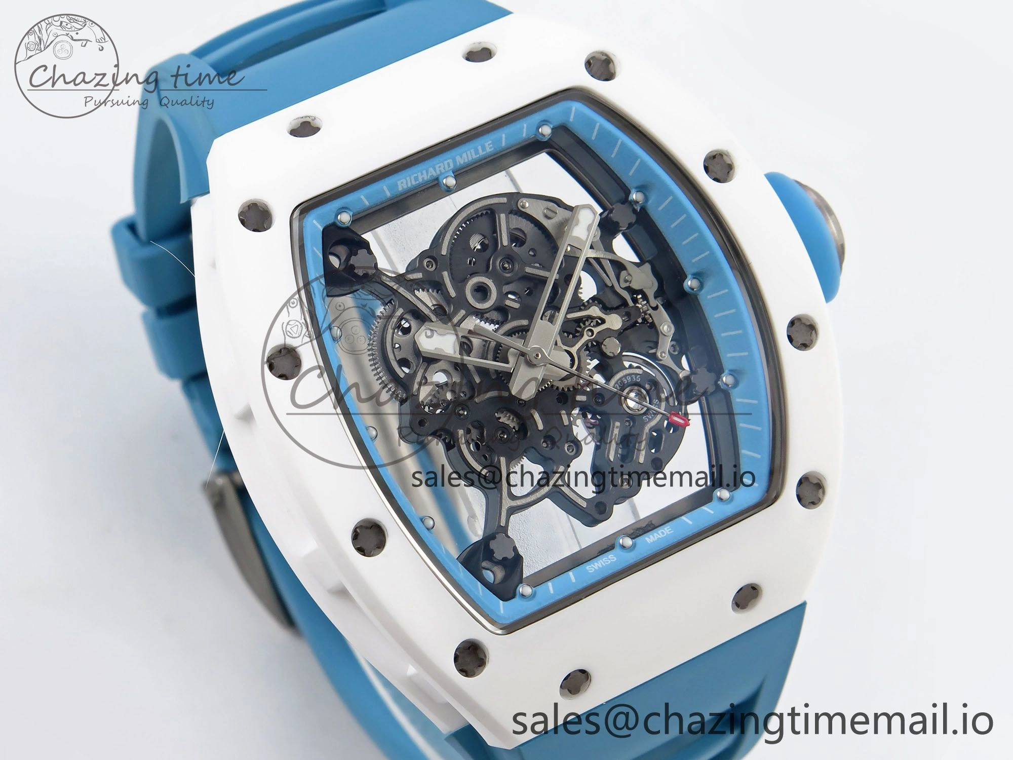 Upgraded RM055 White Ceramic T+F 1:1 Best Edition Blue Skeleton Dial on Blue Rubber Strap RMUL2 Super Clone 9243