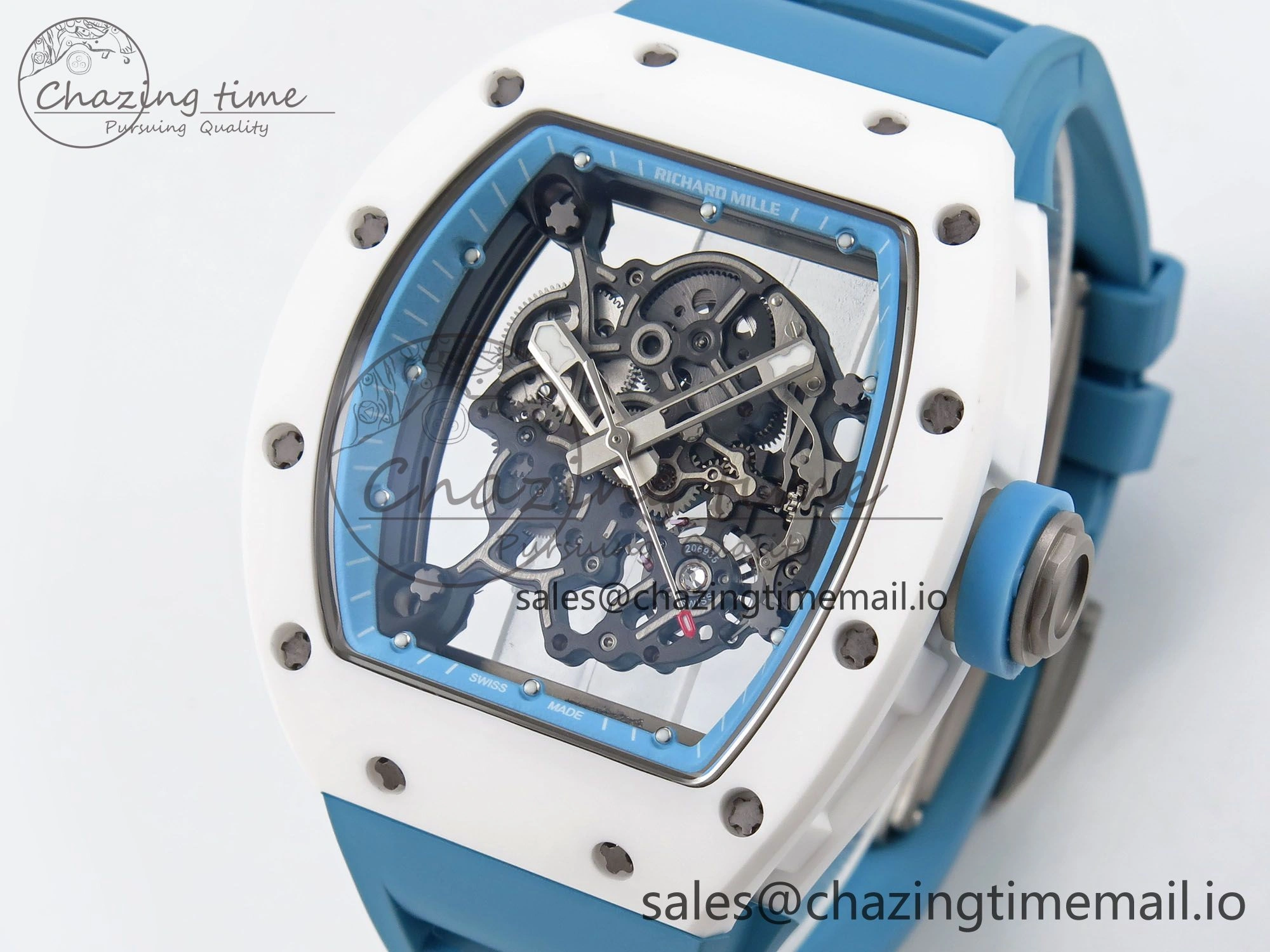 Upgraded RM055 White Ceramic T+F 1:1 Best Edition Blue Skeleton Dial on Blue Rubber Strap RMUL2 Super Clone 9243