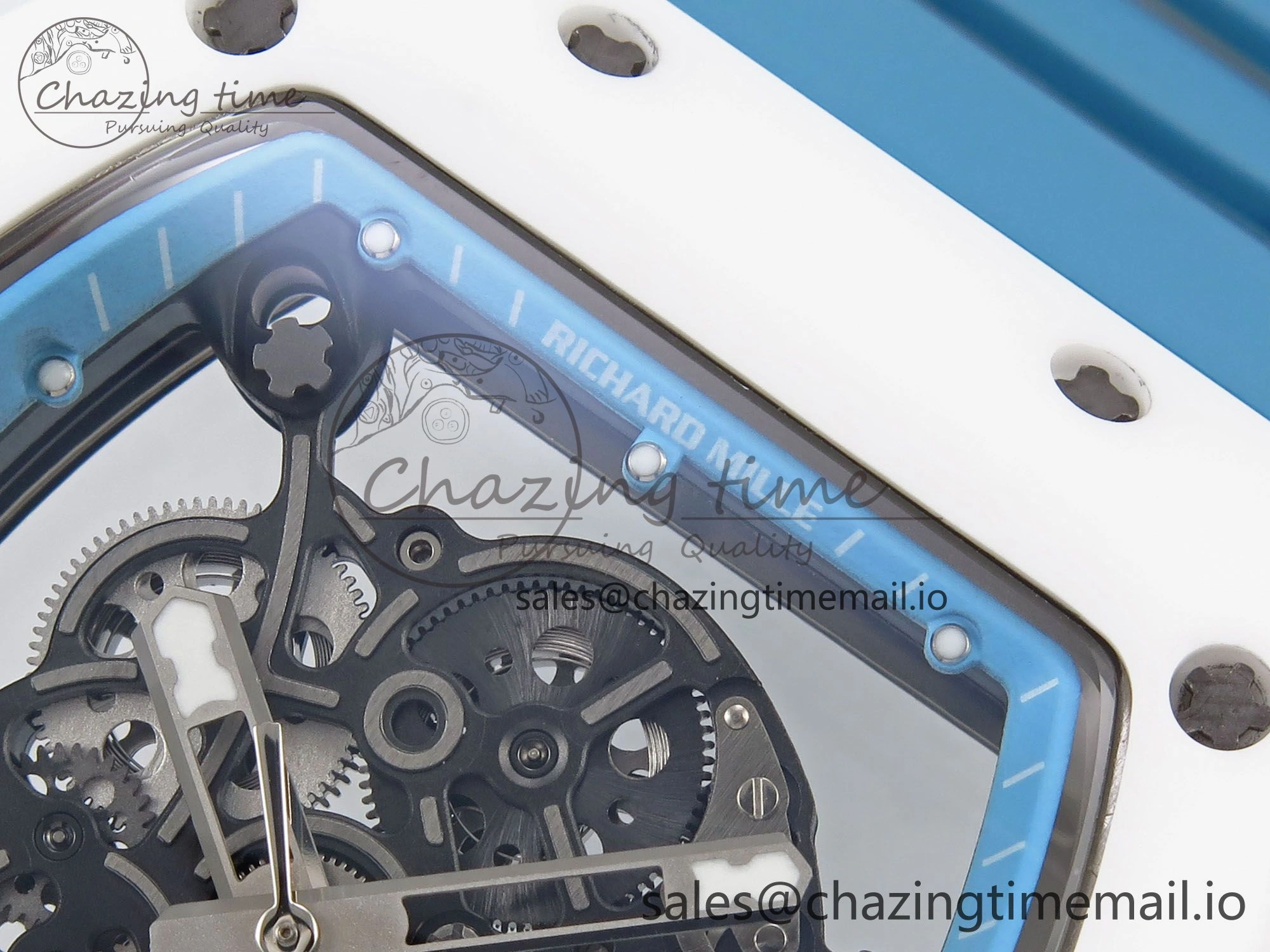 Upgraded RM055 White Ceramic T+F 1:1 Best Edition Blue Skeleton Dial on Blue Rubber Strap RMUL2 Super Clone 9243
