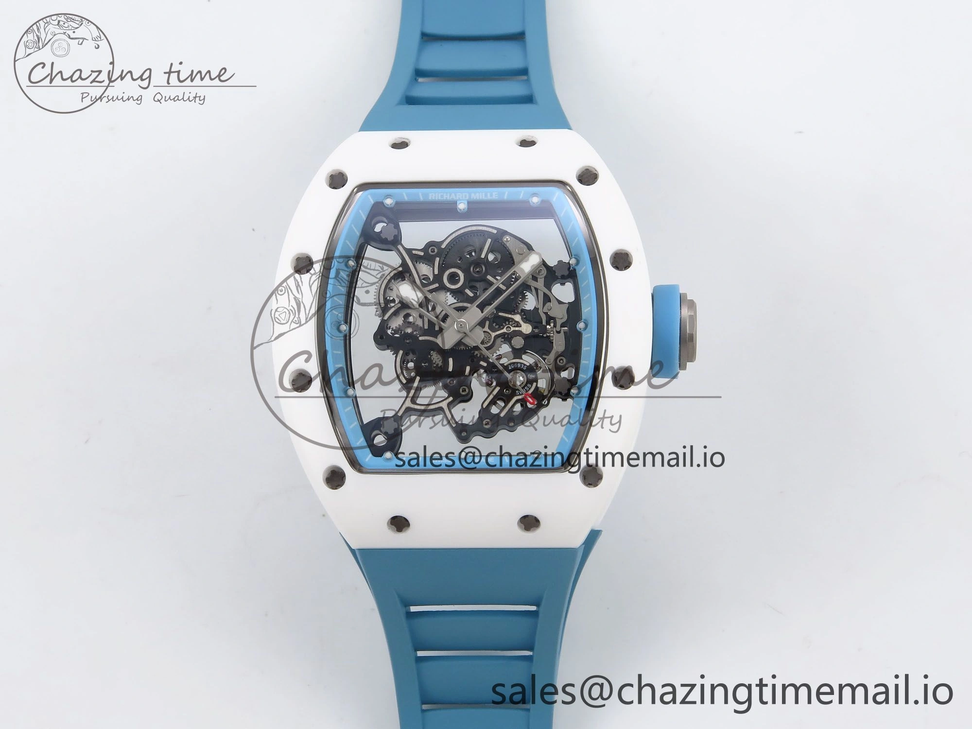 Upgraded RM055 White Ceramic T+F 1:1 Best Edition Blue Skeleton Dial on Blue Rubber Strap RMUL2 Super Clone 9243