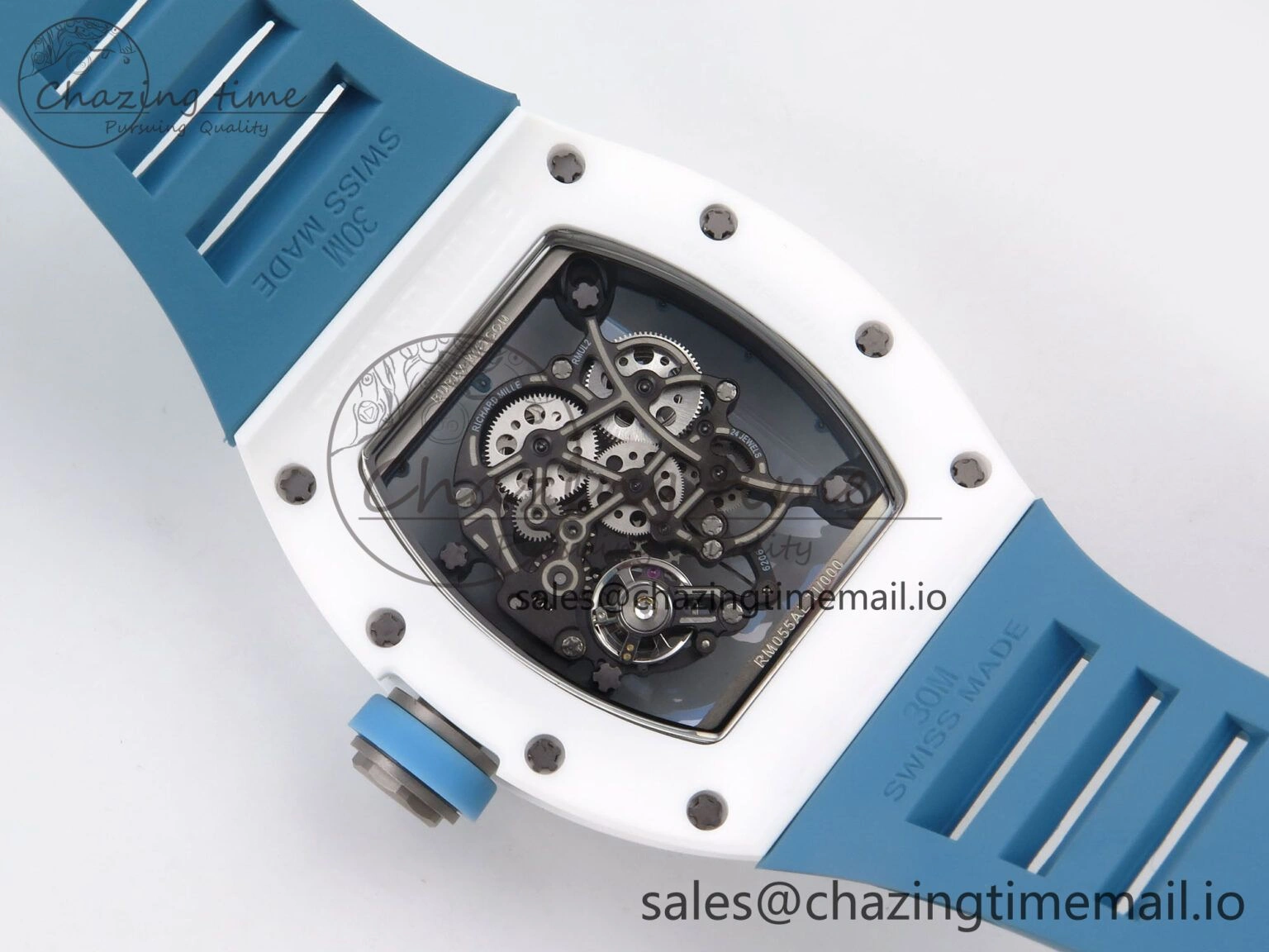 Upgraded RM055 White Ceramic T+F 1:1 Best Edition Blue Skeleton Dial on Blue Rubber Strap RMUL2 Super Clone 9243