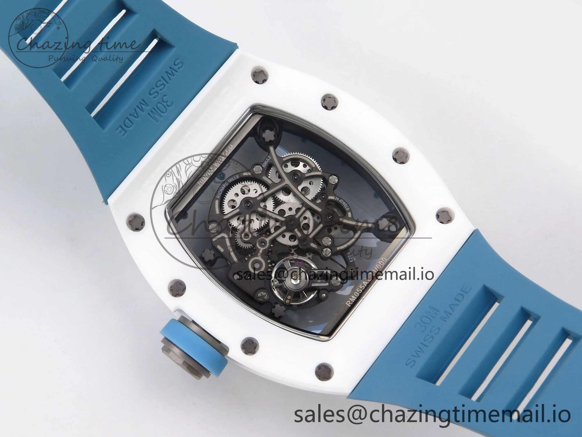 Upgraded RM055 White Ceramic T+F 1:1 Best Edition Blue Skeleton Dial on Blue Rubber Strap RMUL2 Super Clone 9243