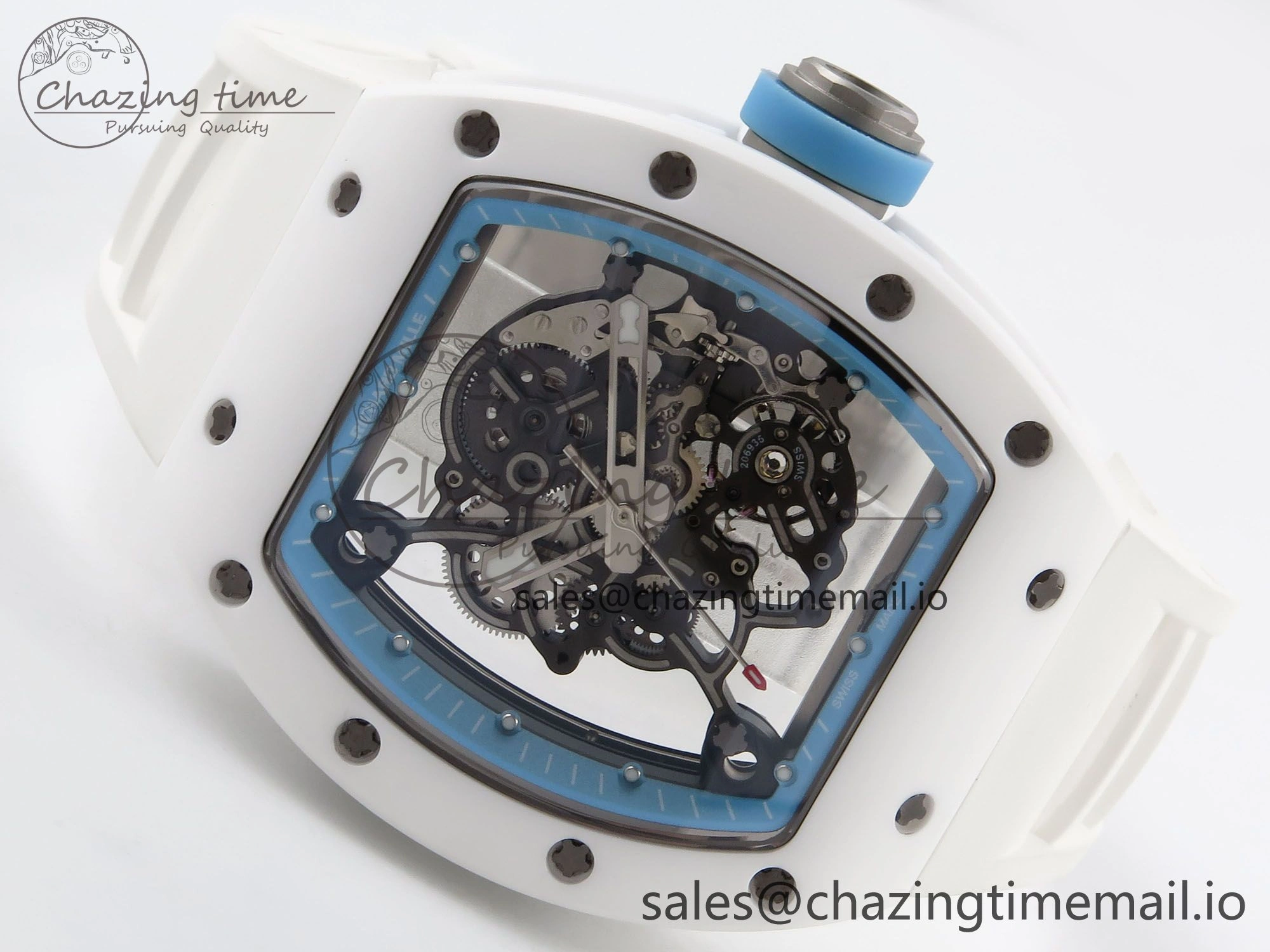 RM055 White Ceramic T+F 1:1 Best Edition Blue Skeleton Dial on White Rubber Strap RMUL2 Super Clone OdorResistant 9241