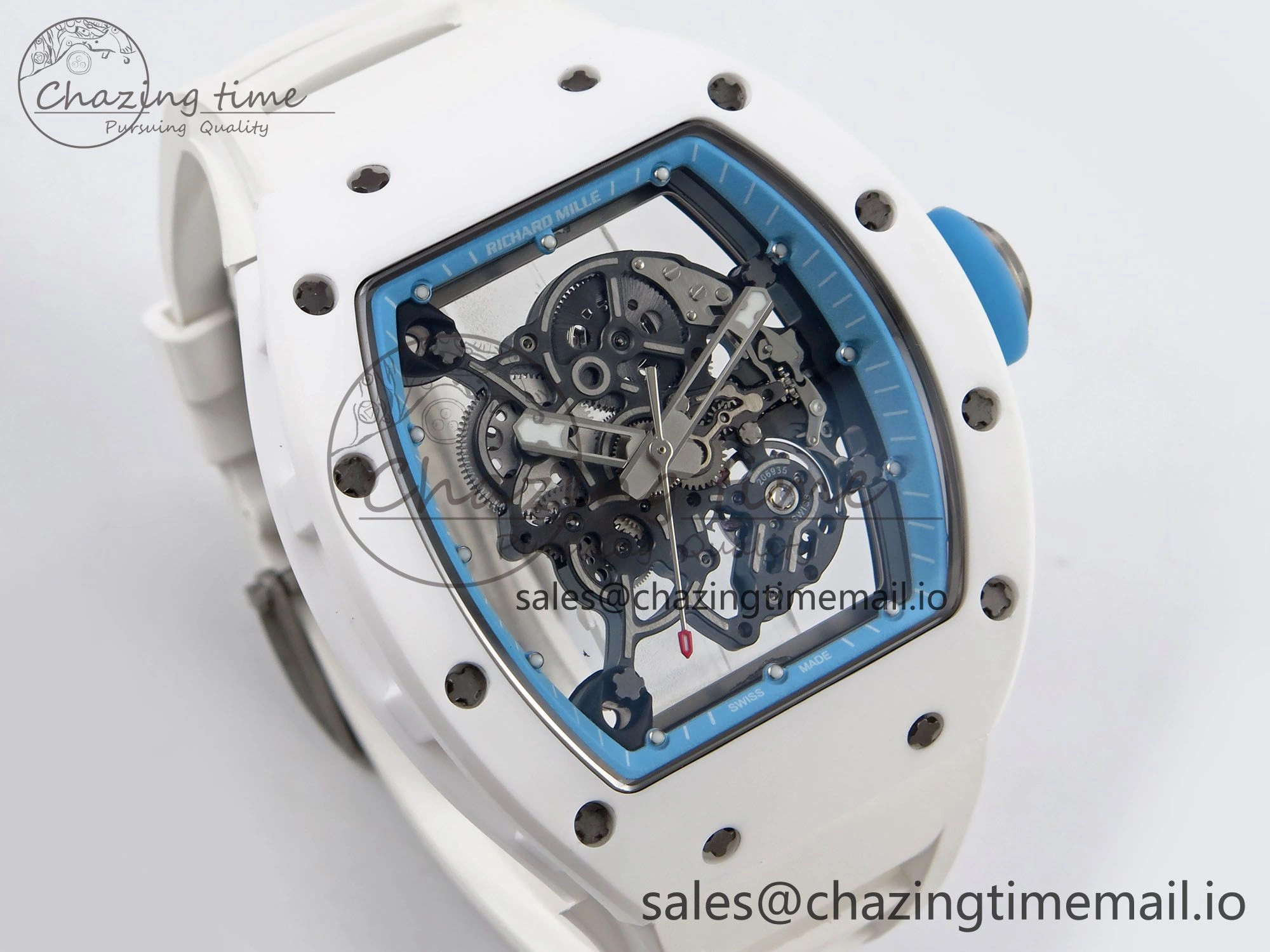 RM055 White Ceramic T+F 1:1 Best Edition Blue Skeleton Dial on White Rubber Strap RMUL2 Super Clone OdorResistant 9241