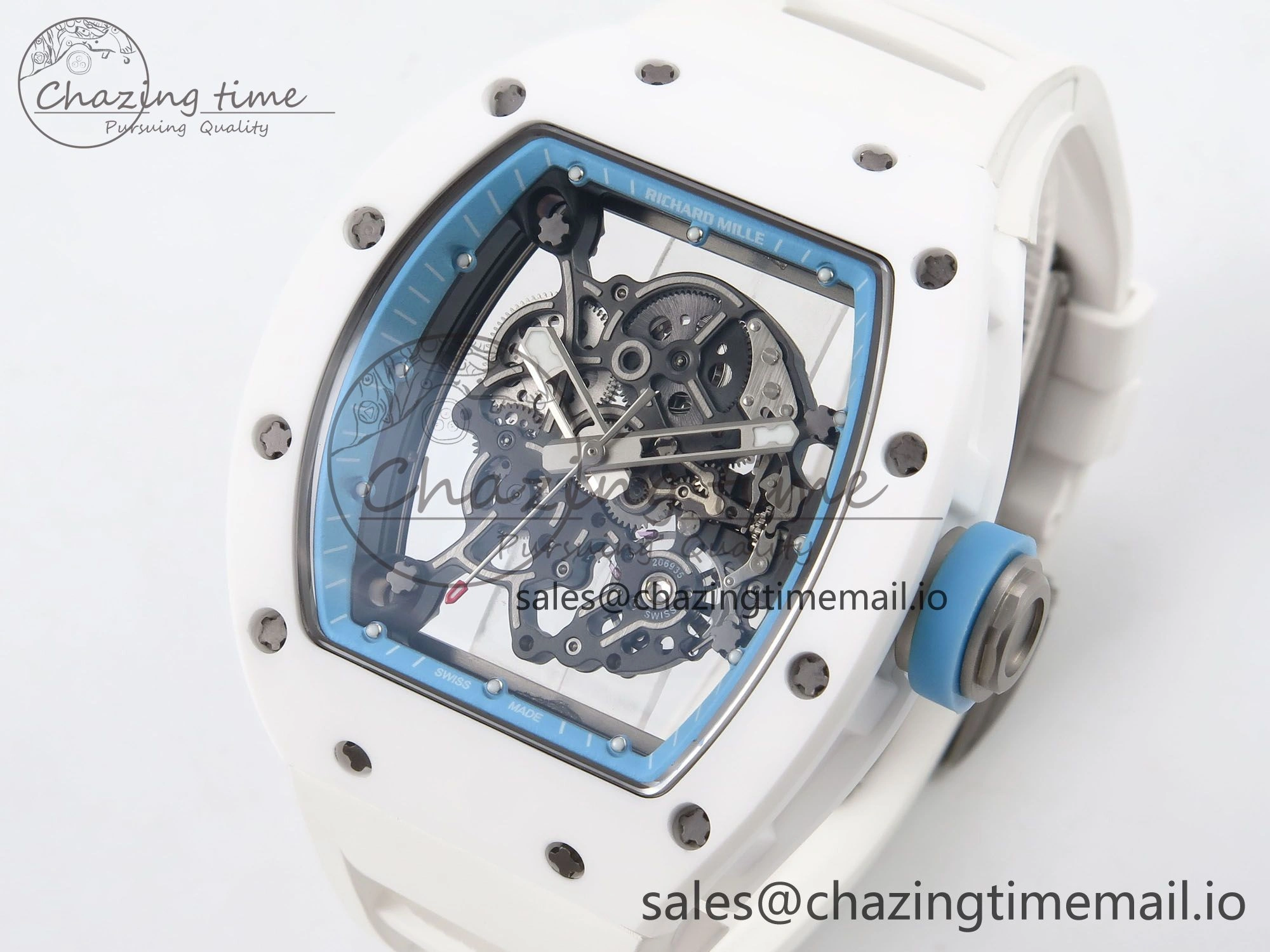 RM055 White Ceramic T+F 1:1 Best Edition Blue Skeleton Dial on White Rubber Strap RMUL2 Super Clone OdorResistant 9241