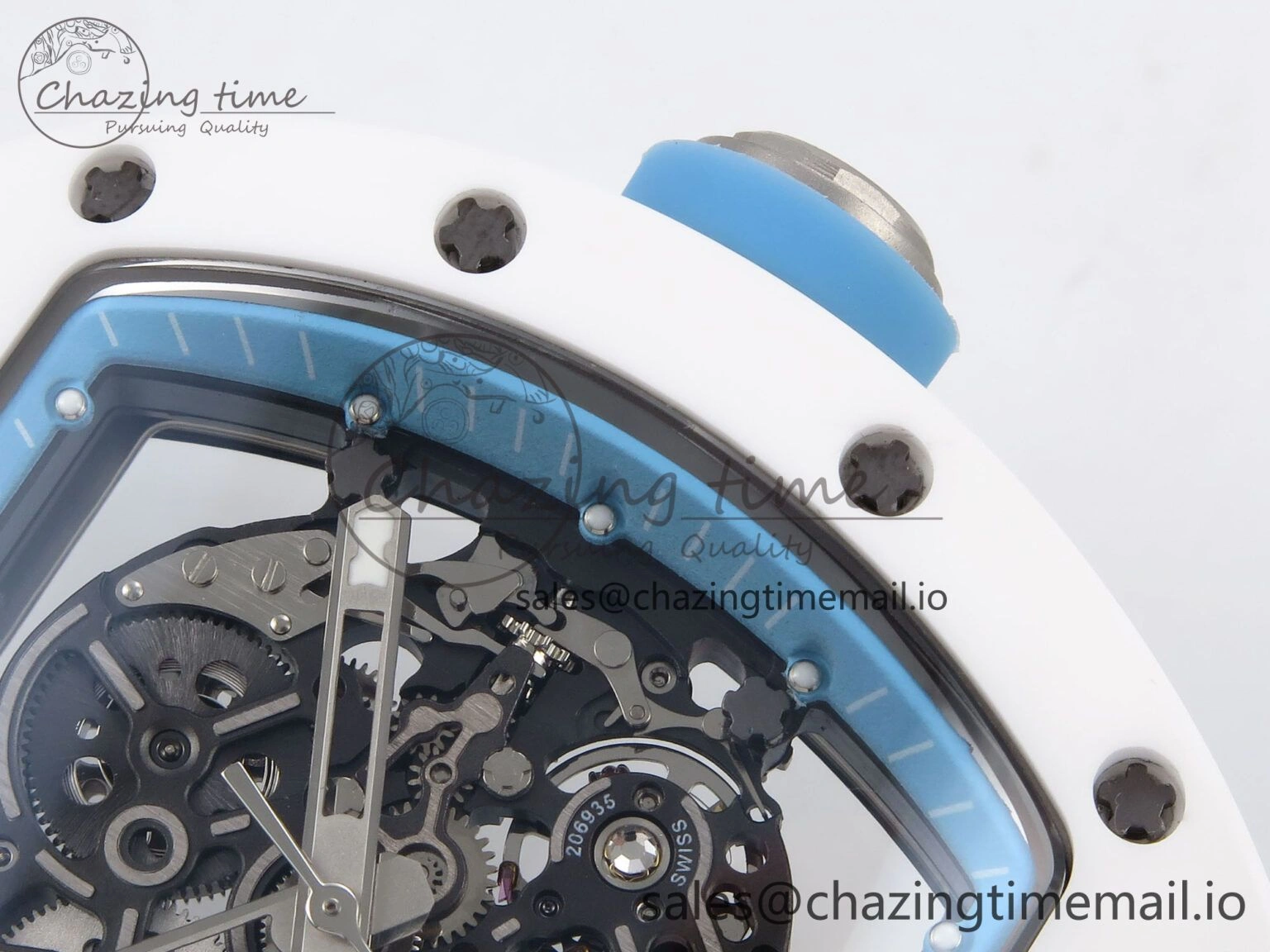 RM055 White Ceramic T+F 1:1 Best Edition Blue Skeleton Dial on White Rubber Strap RMUL2 Super Clone OdorResistant 9241