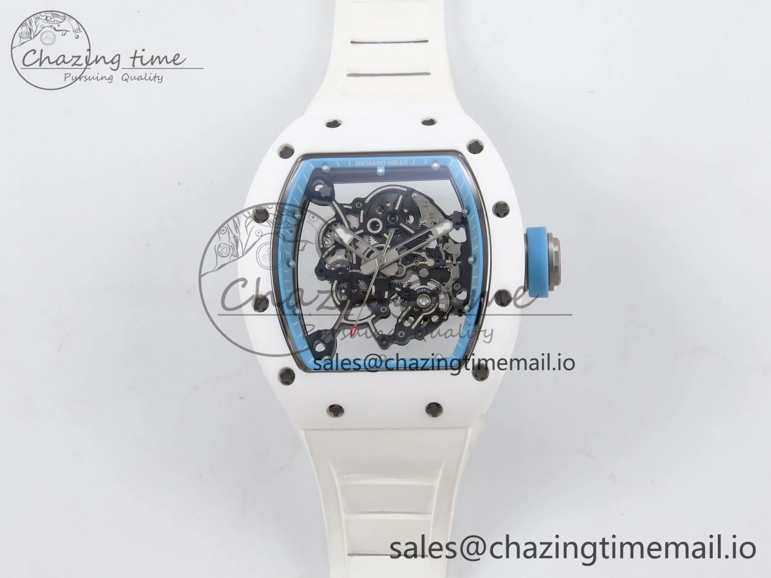 RM055 White Ceramic T+F 1:1 Best Edition Blue Skeleton Dial on White Rubber Strap RMUL2 Super Clone OdorResistant 9241
