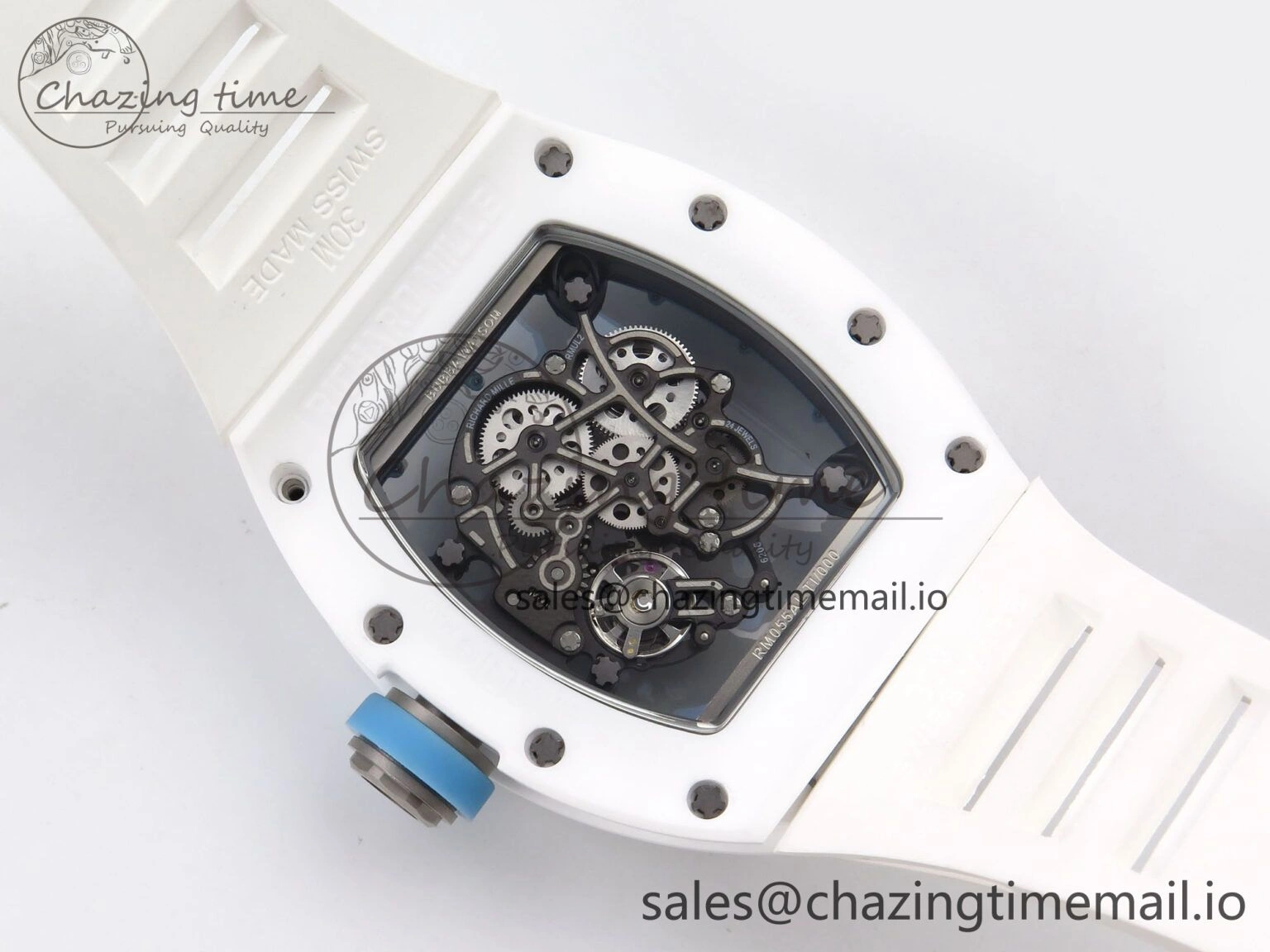 RM055 White Ceramic T+F 1:1 Best Edition Blue Skeleton Dial on White Rubber Strap RMUL2 Super Clone OdorResistant 9241