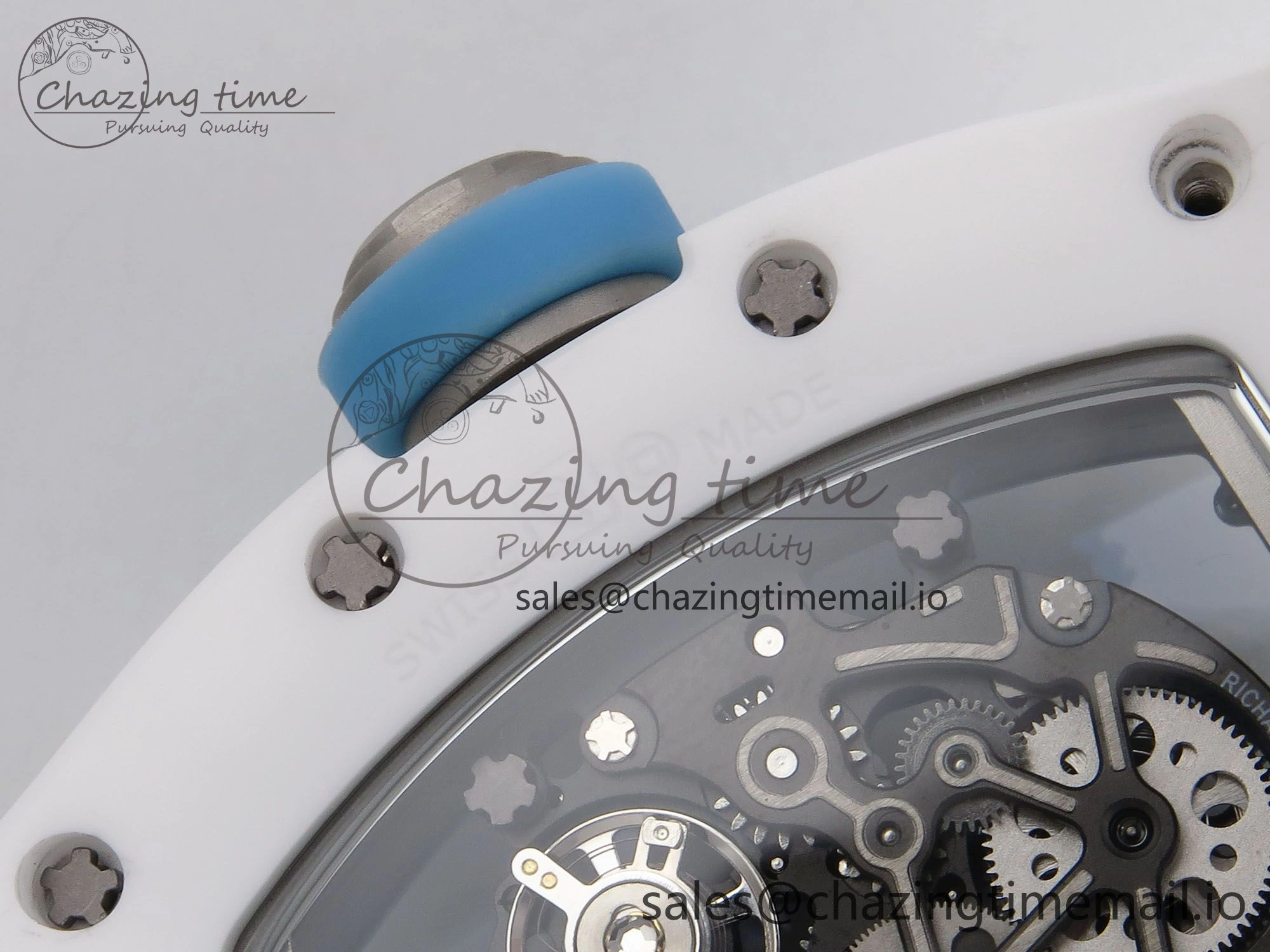 RM055 White Ceramic T+F 1:1 Best Edition Blue Skeleton Dial on White Rubber Strap RMUL2 Super Clone OdorResistant 9241