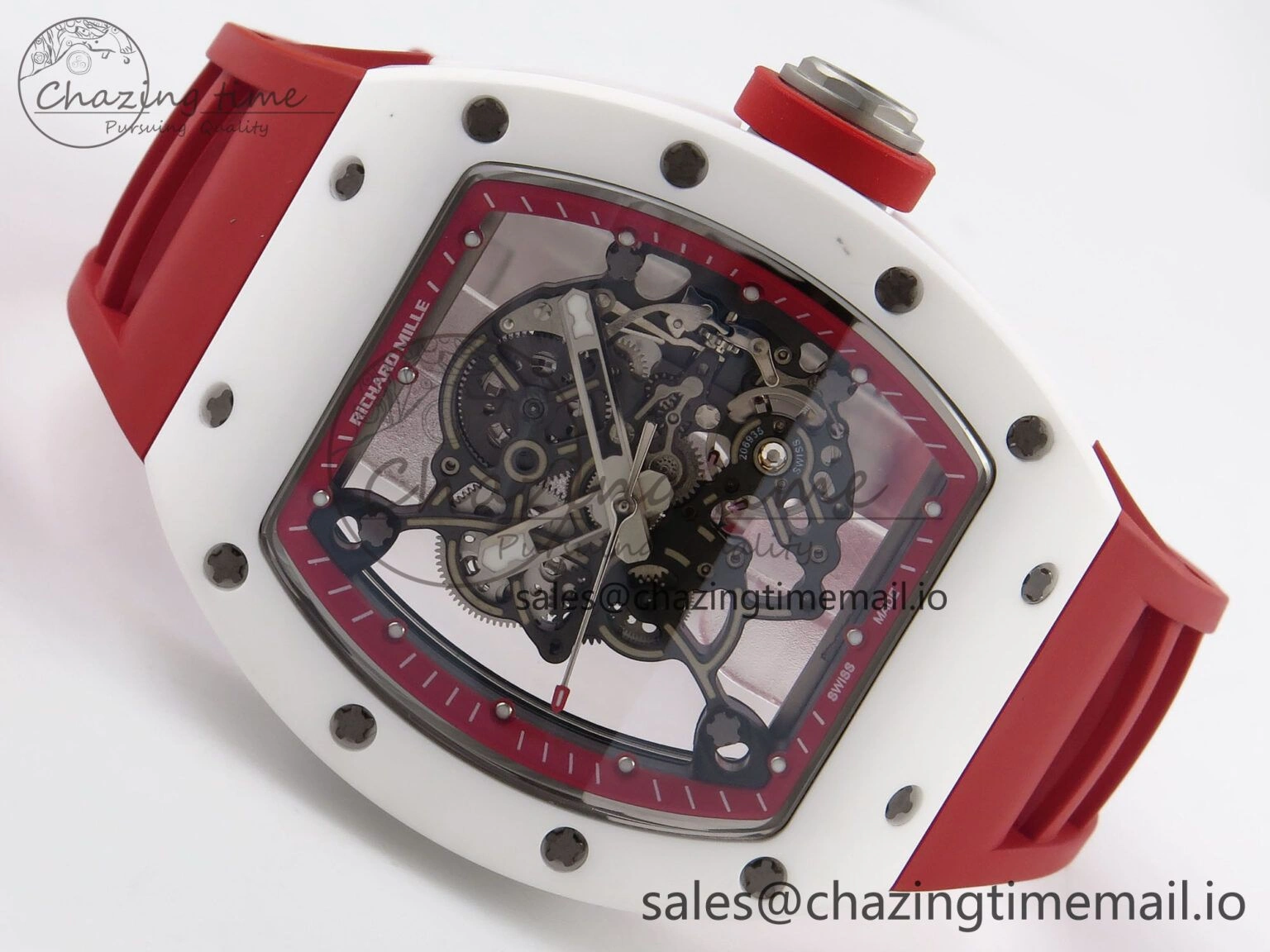 TravelReady RM055 White Ceramic T+F 1:1 Best Edition Red Skeleton Dial on Red Rubber Strap RMUL2 Super Clone 9245