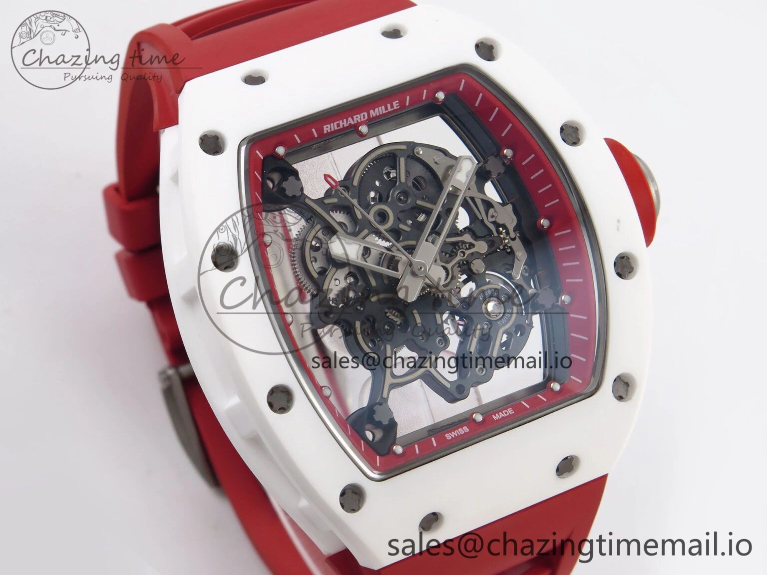 TravelReady RM055 White Ceramic T+F 1:1 Best Edition Red Skeleton Dial on Red Rubber Strap RMUL2 Super Clone 9245