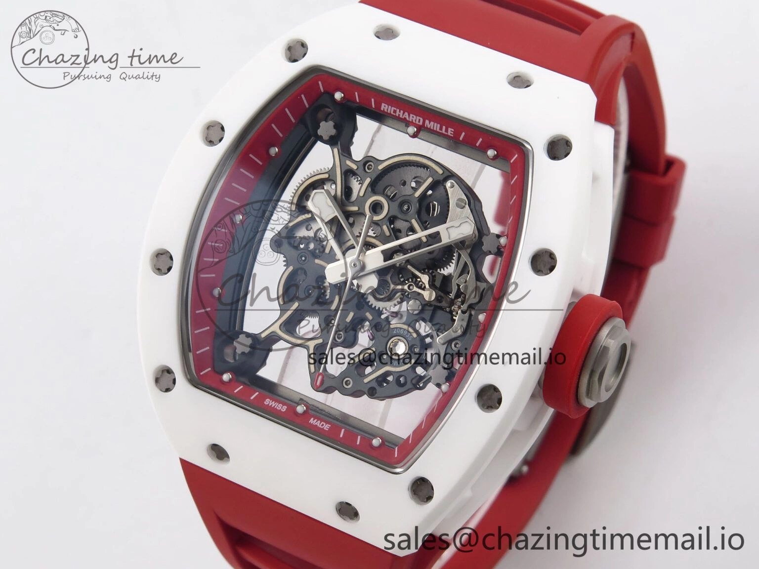 TravelReady RM055 White Ceramic T+F 1:1 Best Edition Red Skeleton Dial on Red Rubber Strap RMUL2 Super Clone 9245