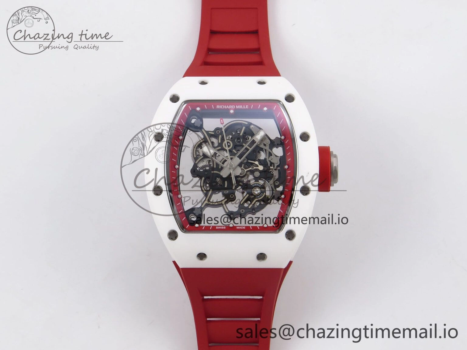 TravelReady RM055 White Ceramic T+F 1:1 Best Edition Red Skeleton Dial on Red Rubber Strap RMUL2 Super Clone 9245
