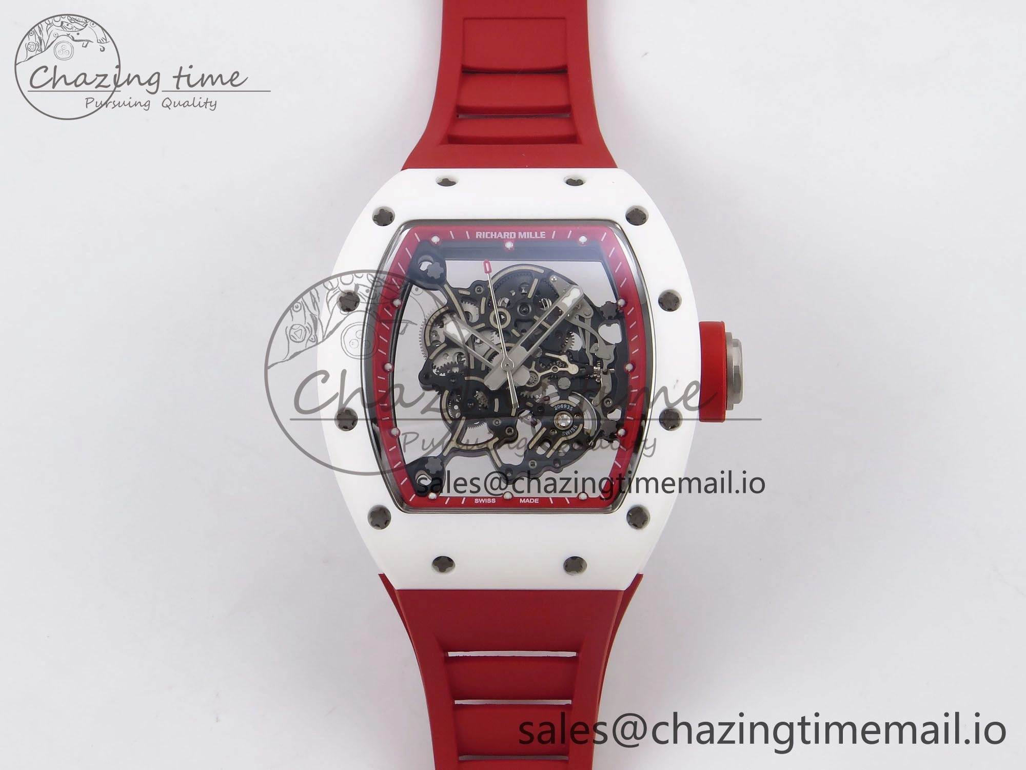 TravelReady RM055 White Ceramic T+F 1:1 Best Edition Red Skeleton Dial on Red Rubber Strap RMUL2 Super Clone 9245