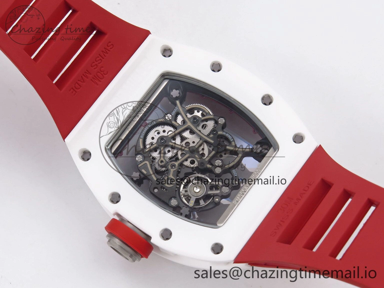 TravelReady RM055 White Ceramic T+F 1:1 Best Edition Red Skeleton Dial on Red Rubber Strap RMUL2 Super Clone 9245