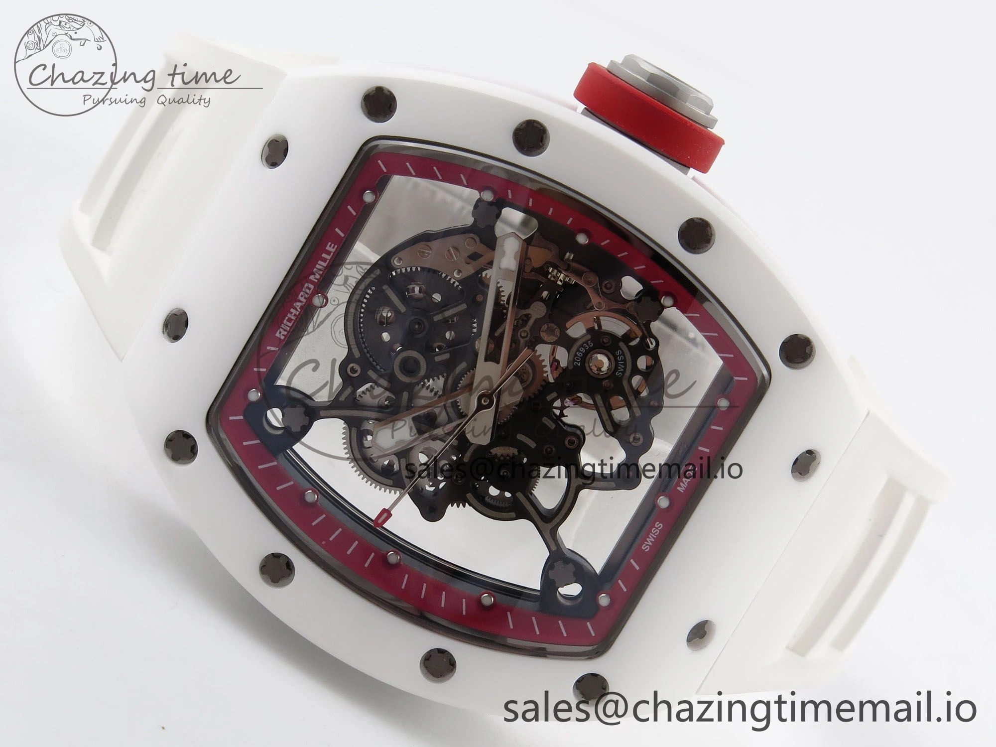 Durable RM055 White Ceramic T+F 1:1 Best Edition Red Skeleton Dial on White Rubber Strap RMUL2 Super Clone 9242