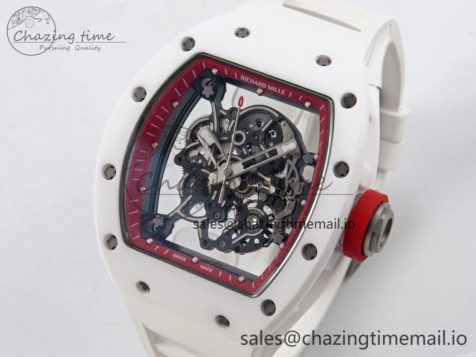 Durable RM055 White Ceramic T+F 1:1 Best Edition Red Skeleton Dial on White Rubber Strap RMUL2 Super Clone 9242