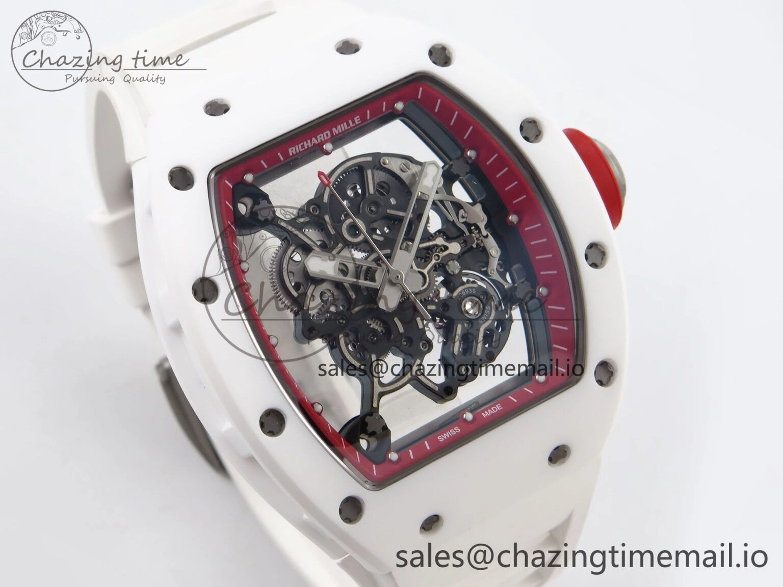 Durable RM055 White Ceramic T+F 1:1 Best Edition Red Skeleton Dial on White Rubber Strap RMUL2 Super Clone 9242