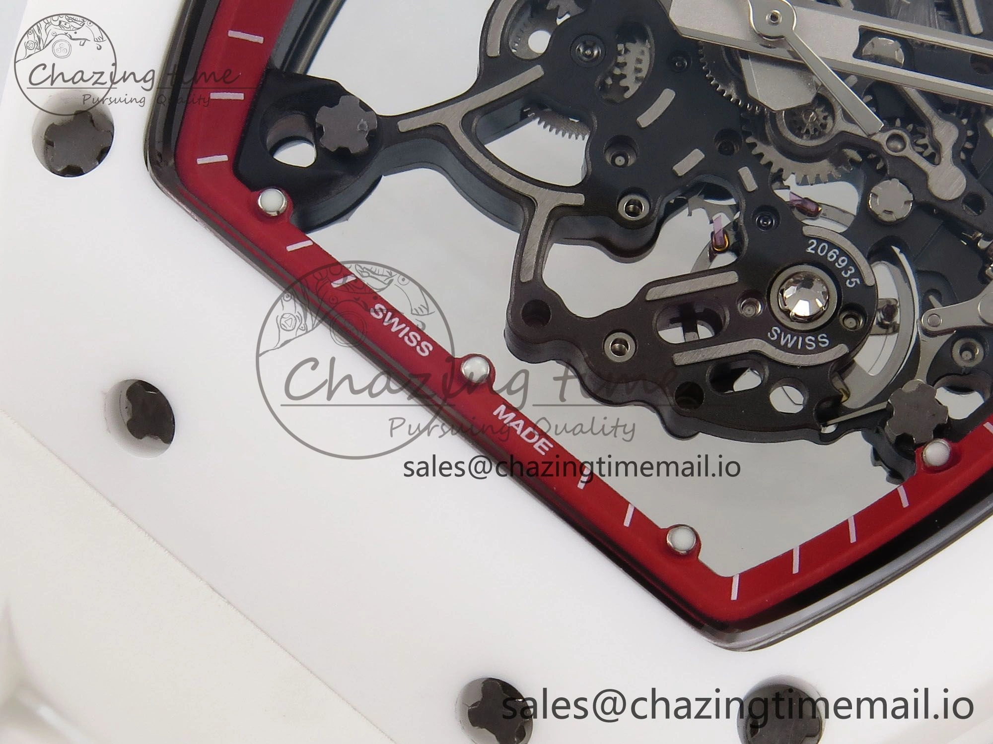 Durable RM055 White Ceramic T+F 1:1 Best Edition Red Skeleton Dial on White Rubber Strap RMUL2 Super Clone 9242