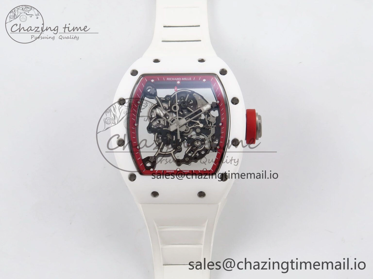 Durable RM055 White Ceramic T+F 1:1 Best Edition Red Skeleton Dial on White Rubber Strap RMUL2 Super Clone 9242
