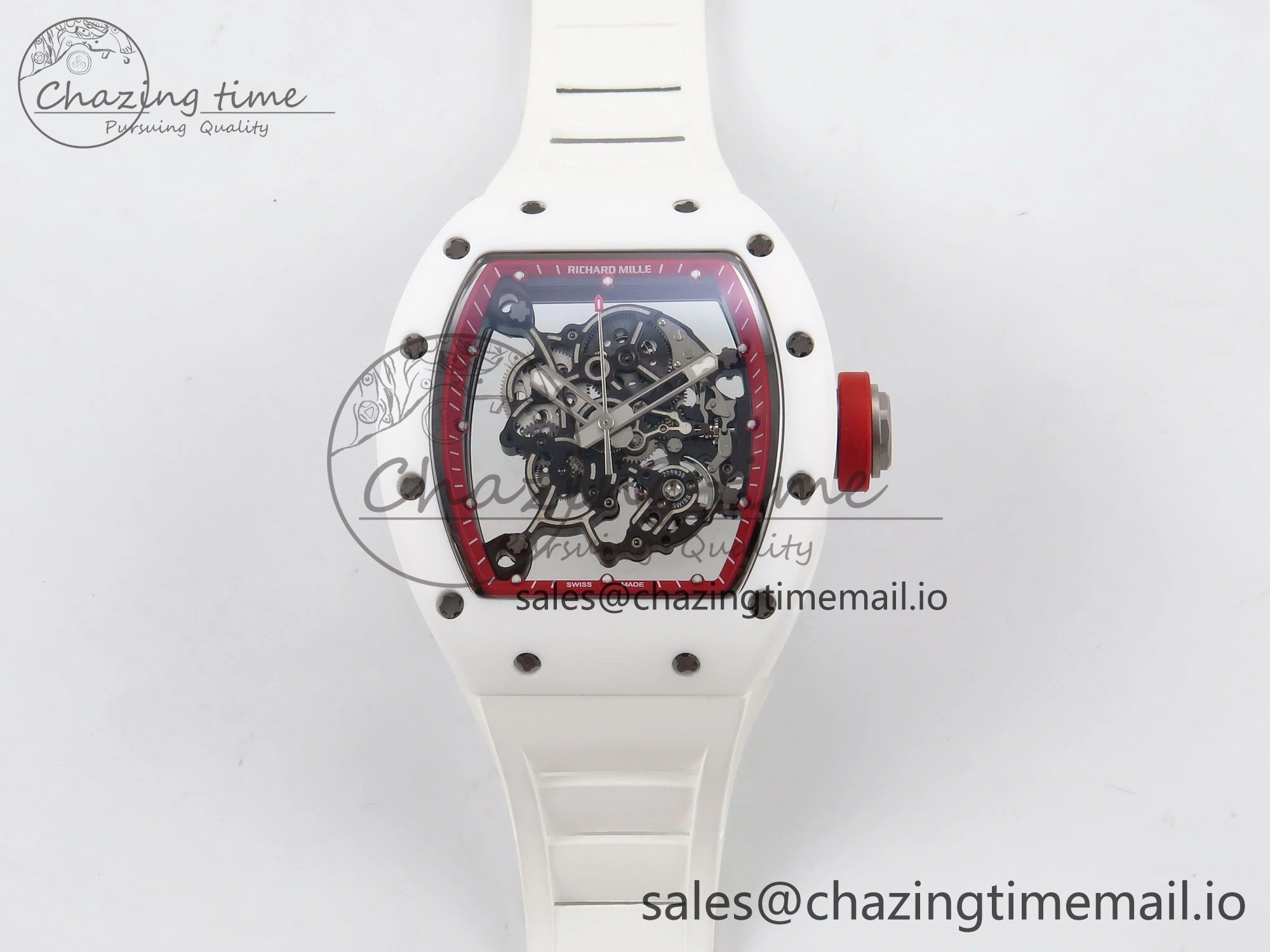 Durable RM055 White Ceramic T+F 1:1 Best Edition Red Skeleton Dial on White Rubber Strap RMUL2 Super Clone 9242