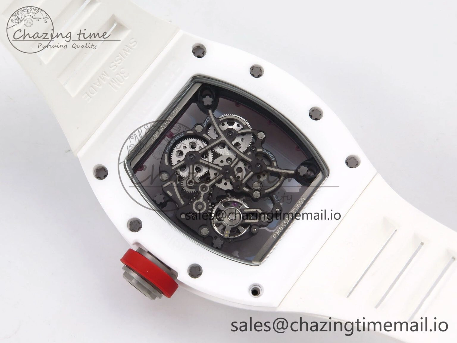 Durable RM055 White Ceramic T+F 1:1 Best Edition Red Skeleton Dial on White Rubber Strap RMUL2 Super Clone 9242