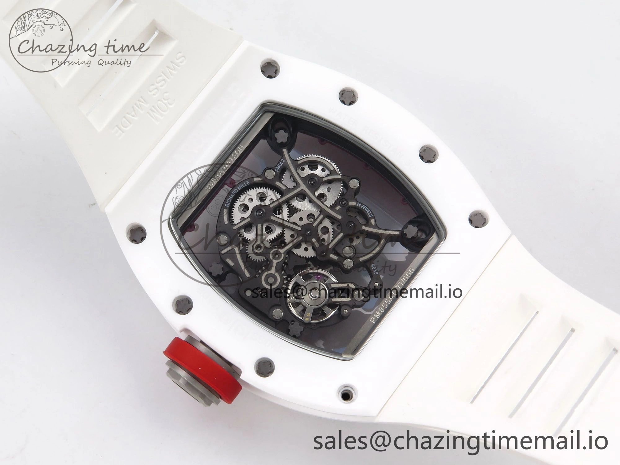 Durable RM055 White Ceramic T+F 1:1 Best Edition Red Skeleton Dial on White Rubber Strap RMUL2 Super Clone 9242