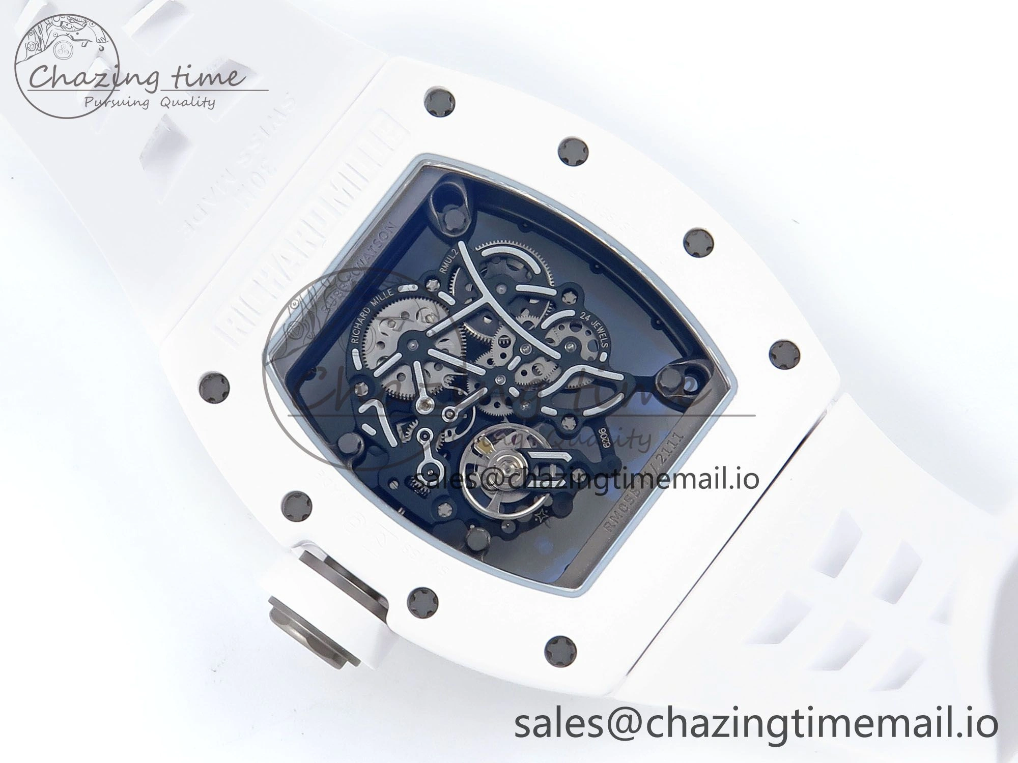 Affordable RM055 White Ceramic ZF 1:1 Best Edition on Shark Rubber Strap RMUL2 Super Clone 9200