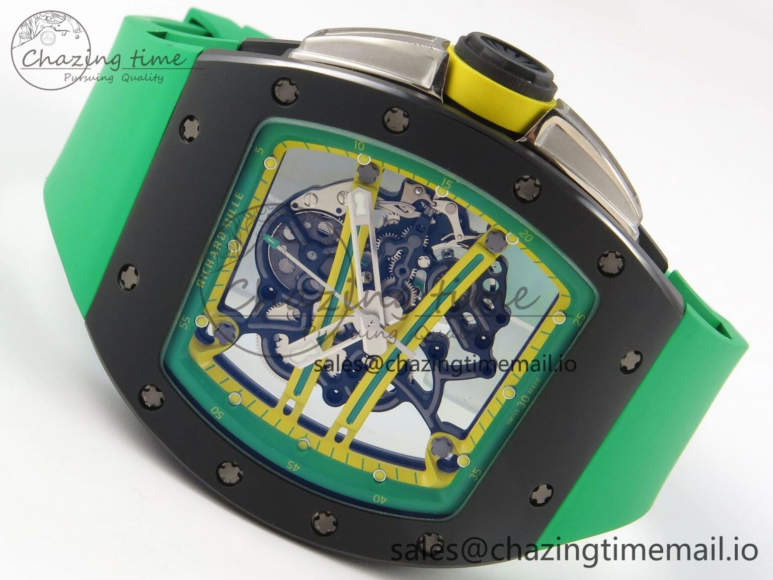 Lightweight RM061 Black Ceramic APSF 1:1 Best Edition Yellow Green Skeleton Dial on Green Rubber Strap RMUL2 Super Clone 9167