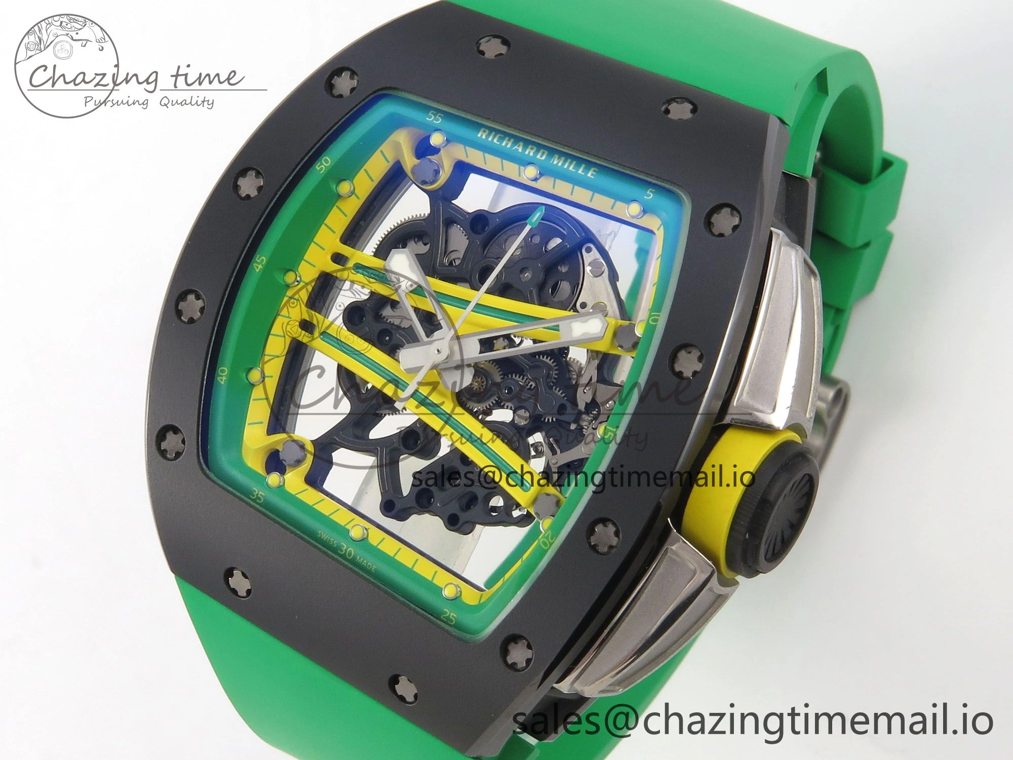 Lightweight RM061 Black Ceramic APSF 1:1 Best Edition Yellow Green Skeleton Dial on Green Rubber Strap RMUL2 Super Clone 9167