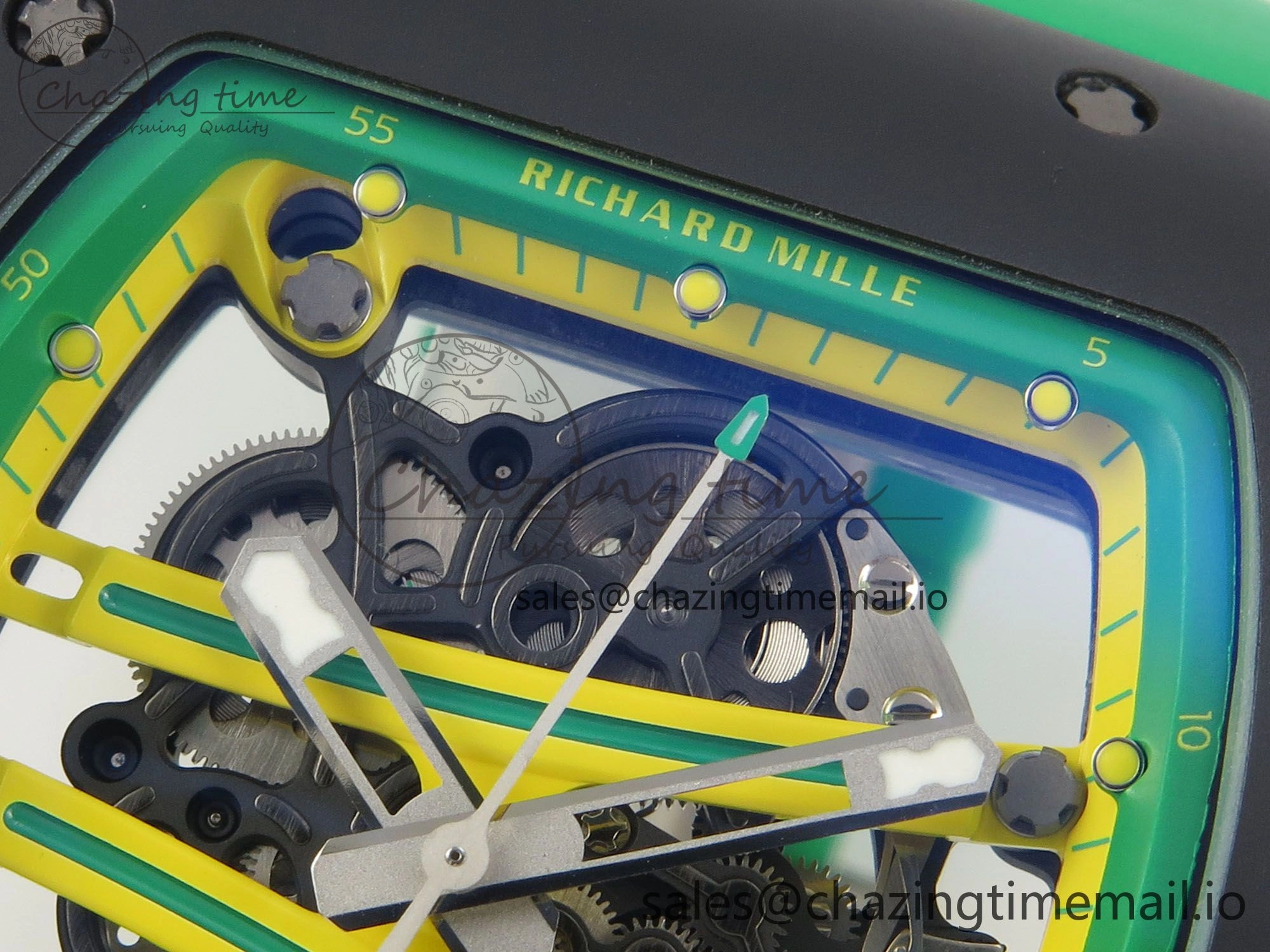 Lightweight RM061 Black Ceramic APSF 1:1 Best Edition Yellow Green Skeleton Dial on Green Rubber Strap RMUL2 Super Clone 9167