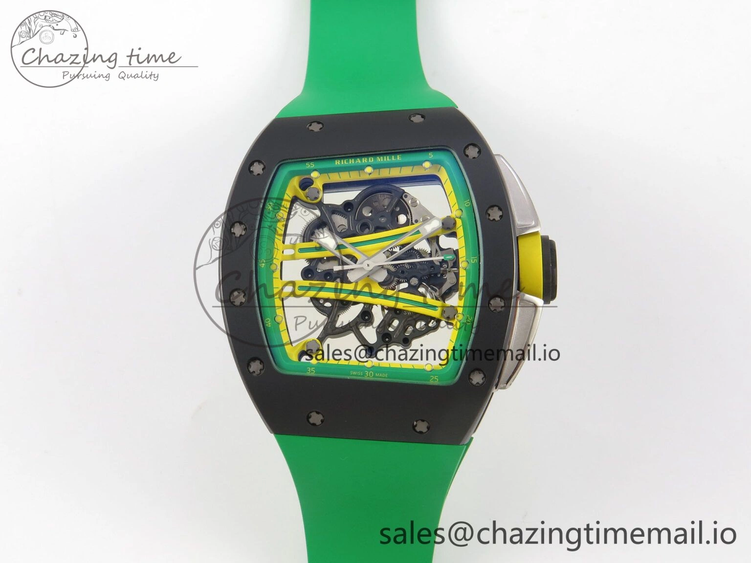 Lightweight RM061 Black Ceramic APSF 1:1 Best Edition Yellow Green Skeleton Dial on Green Rubber Strap RMUL2 Super Clone 9167
