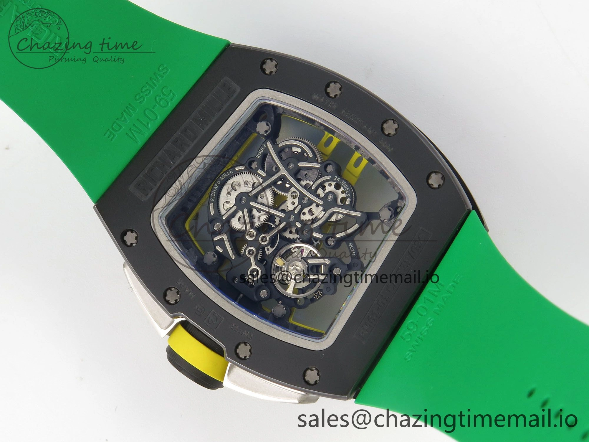Lightweight RM061 Black Ceramic APSF 1:1 Best Edition Yellow Green Skeleton Dial on Green Rubber Strap RMUL2 Super Clone 9167