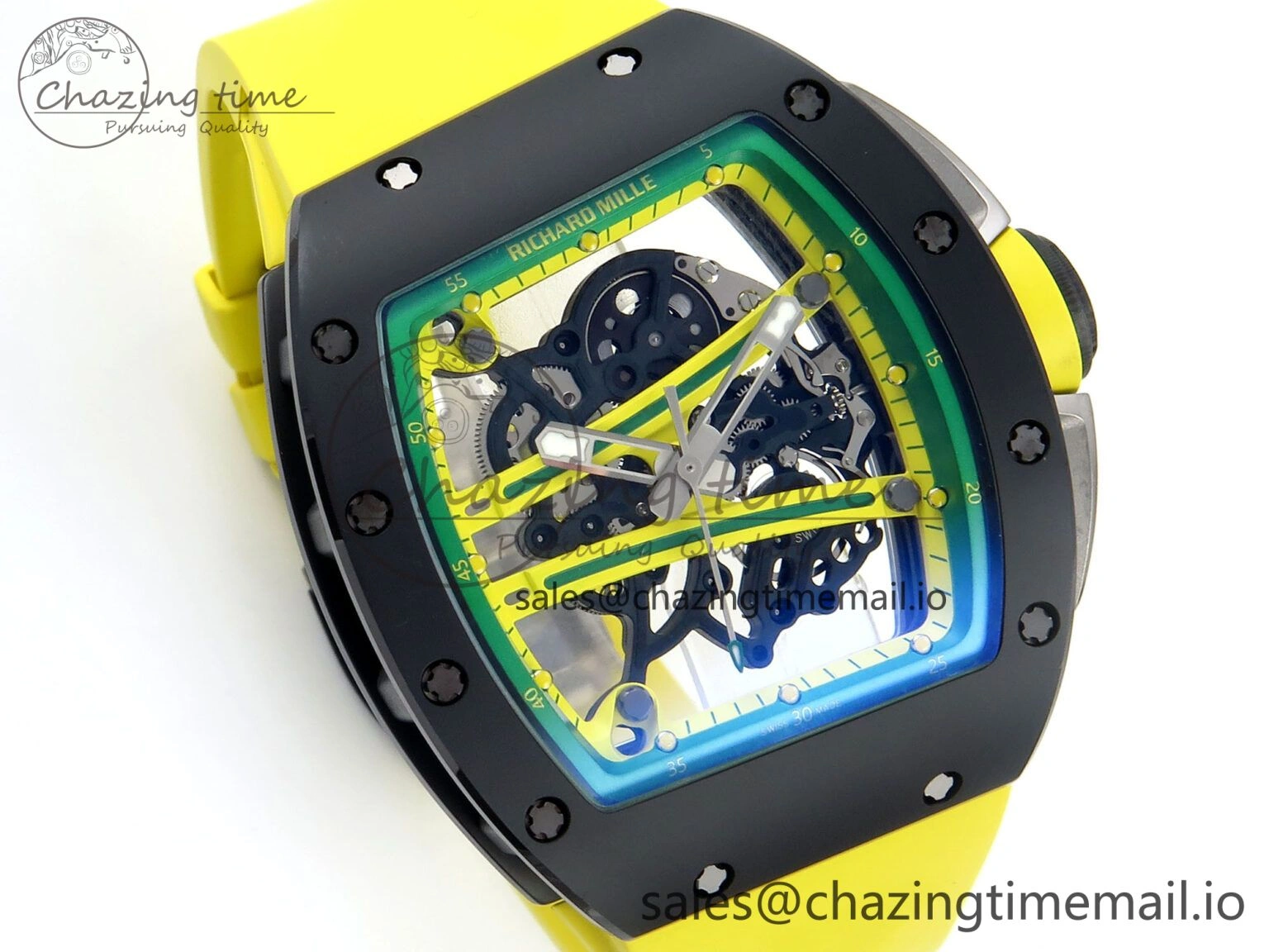 RM061 Black Ceramic ZF 1:1 Best Edition on Yellow Rubber Strap RMUL2 Super Clone Stretchable 9195