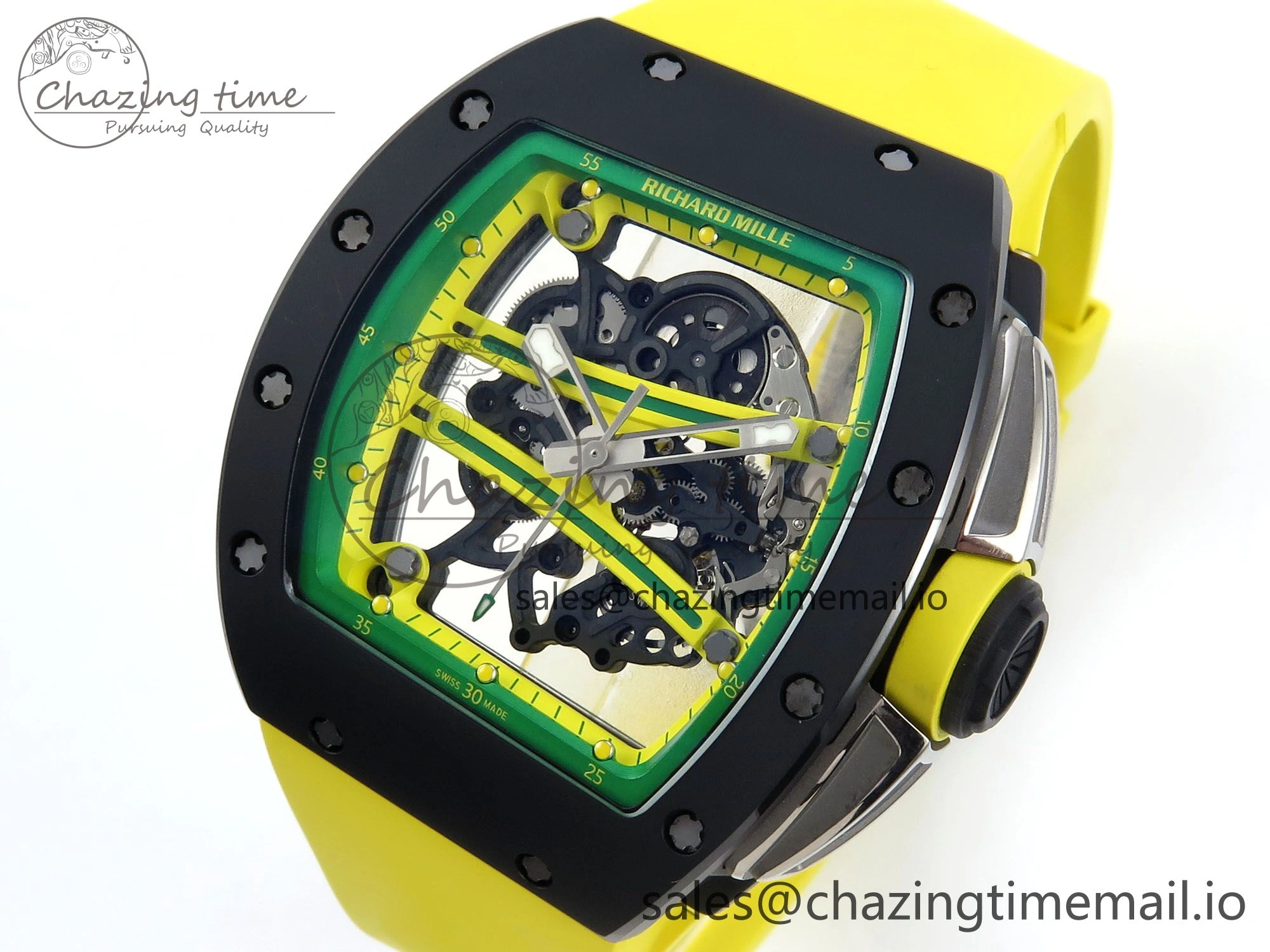 RM061 Black Ceramic ZF 1:1 Best Edition on Yellow Rubber Strap RMUL2 Super Clone Stretchable 9195