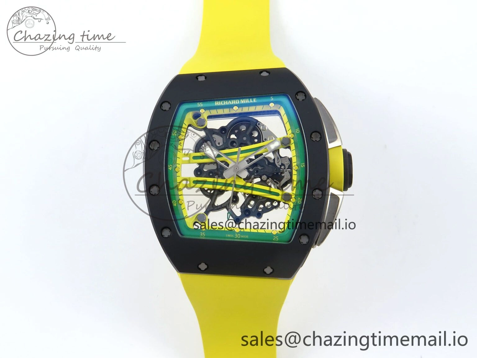 RM061 Black Ceramic ZF 1:1 Best Edition on Yellow Rubber Strap RMUL2 Super Clone Stretchable 9195
