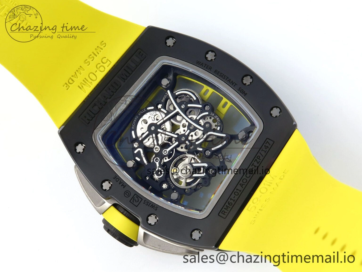 RM061 Black Ceramic ZF 1:1 Best Edition on Yellow Rubber Strap RMUL2 Super Clone Stretchable 9195