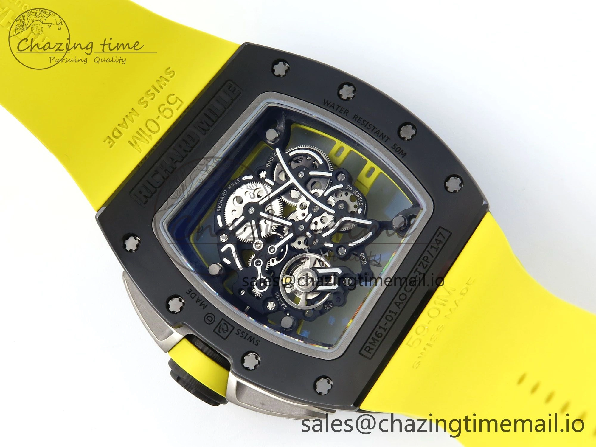 RM061 Black Ceramic ZF 1:1 Best Edition on Yellow Rubber Strap RMUL2 Super Clone Stretchable 9195
