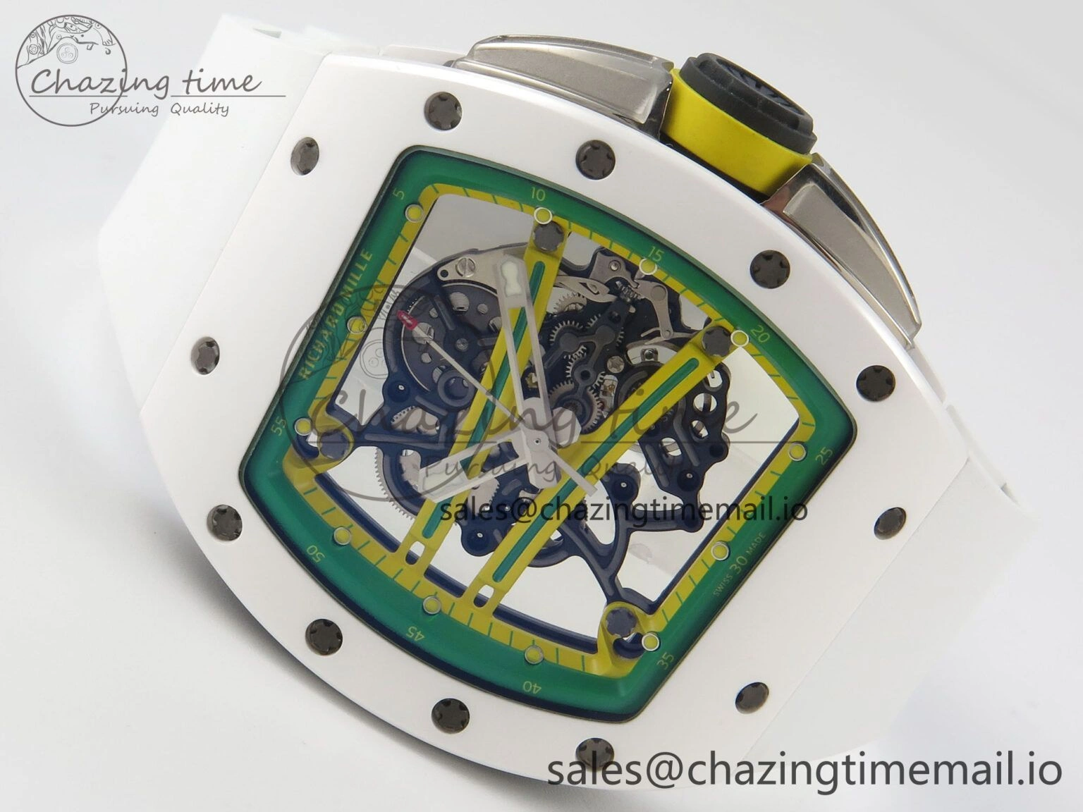 AllSeason RM061 White Ceramic APSF 1:1 Best Edition Yellow Green Skeleton Dial on White Rubber Strap RMUL2 Super Clone 9169