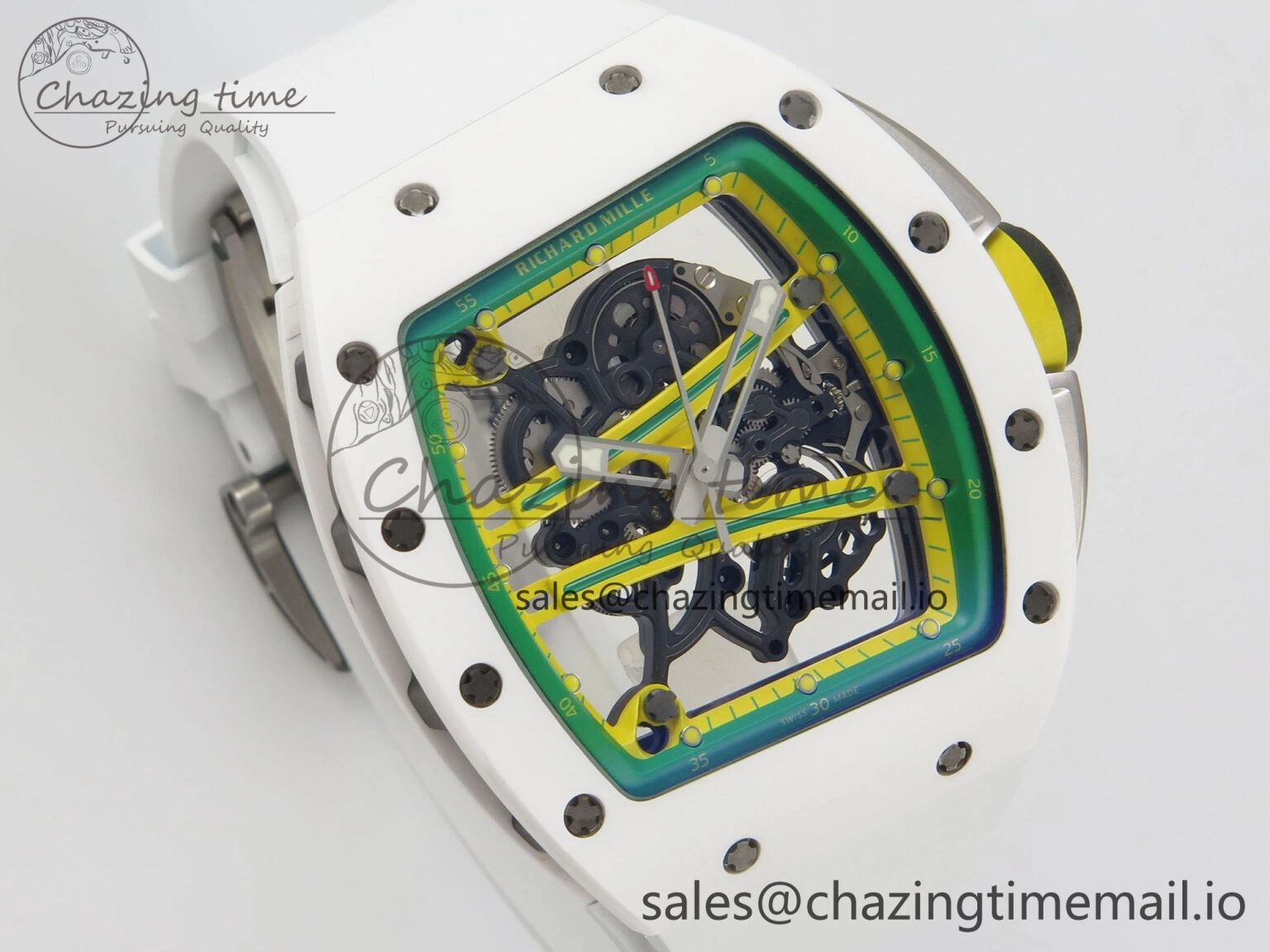 AllSeason RM061 White Ceramic APSF 1:1 Best Edition Yellow Green Skeleton Dial on White Rubber Strap RMUL2 Super Clone 9169