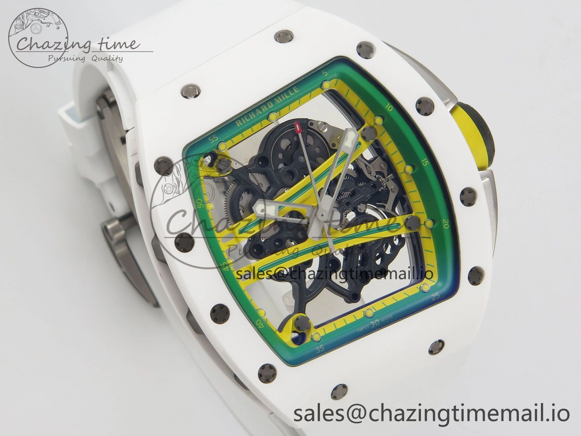 AllSeason RM061 White Ceramic APSF 1:1 Best Edition Yellow Green Skeleton Dial on White Rubber Strap RMUL2 Super Clone 9169
